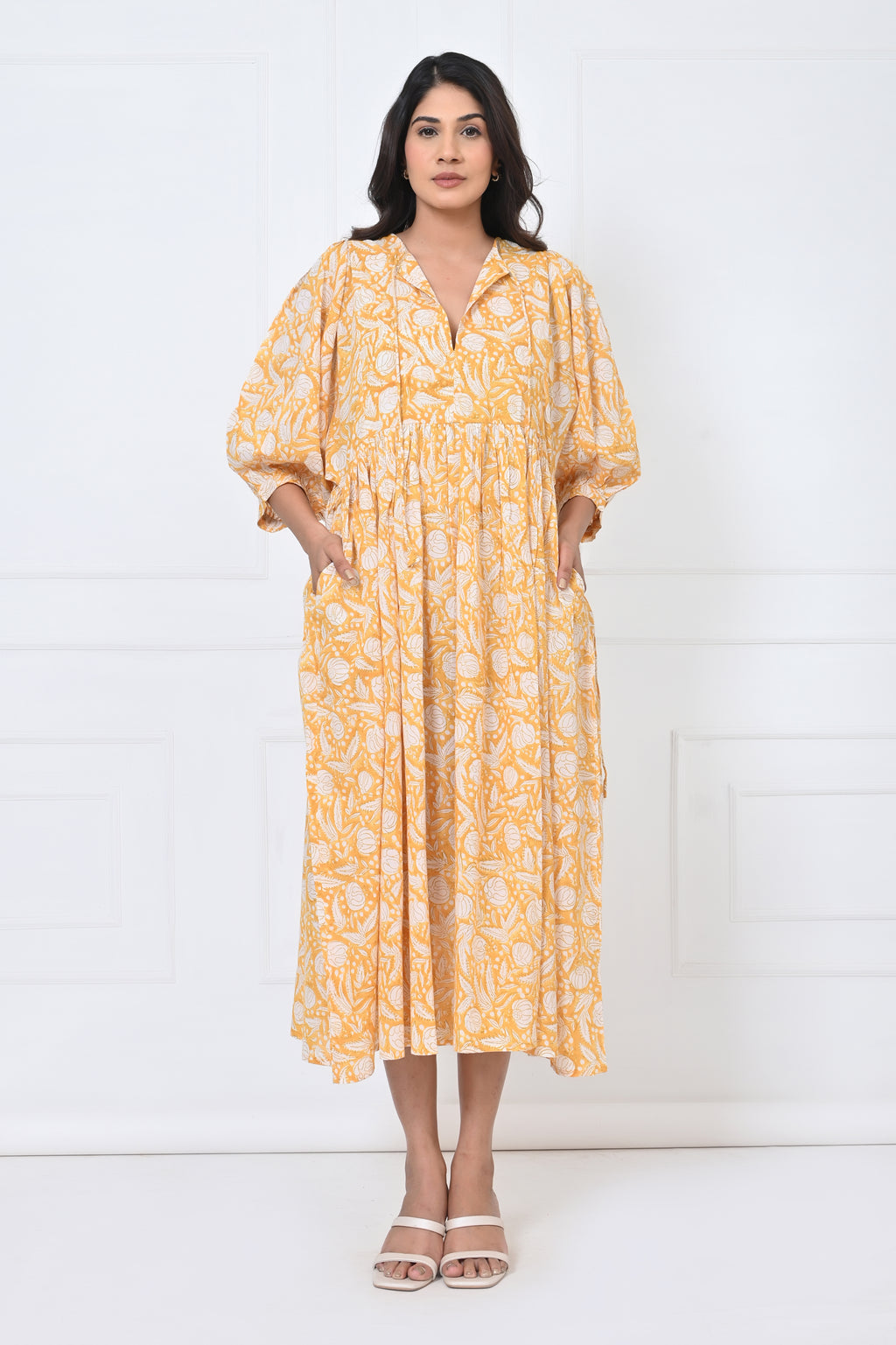 Yellow Floral Print Cotton Maxi Doi Dress