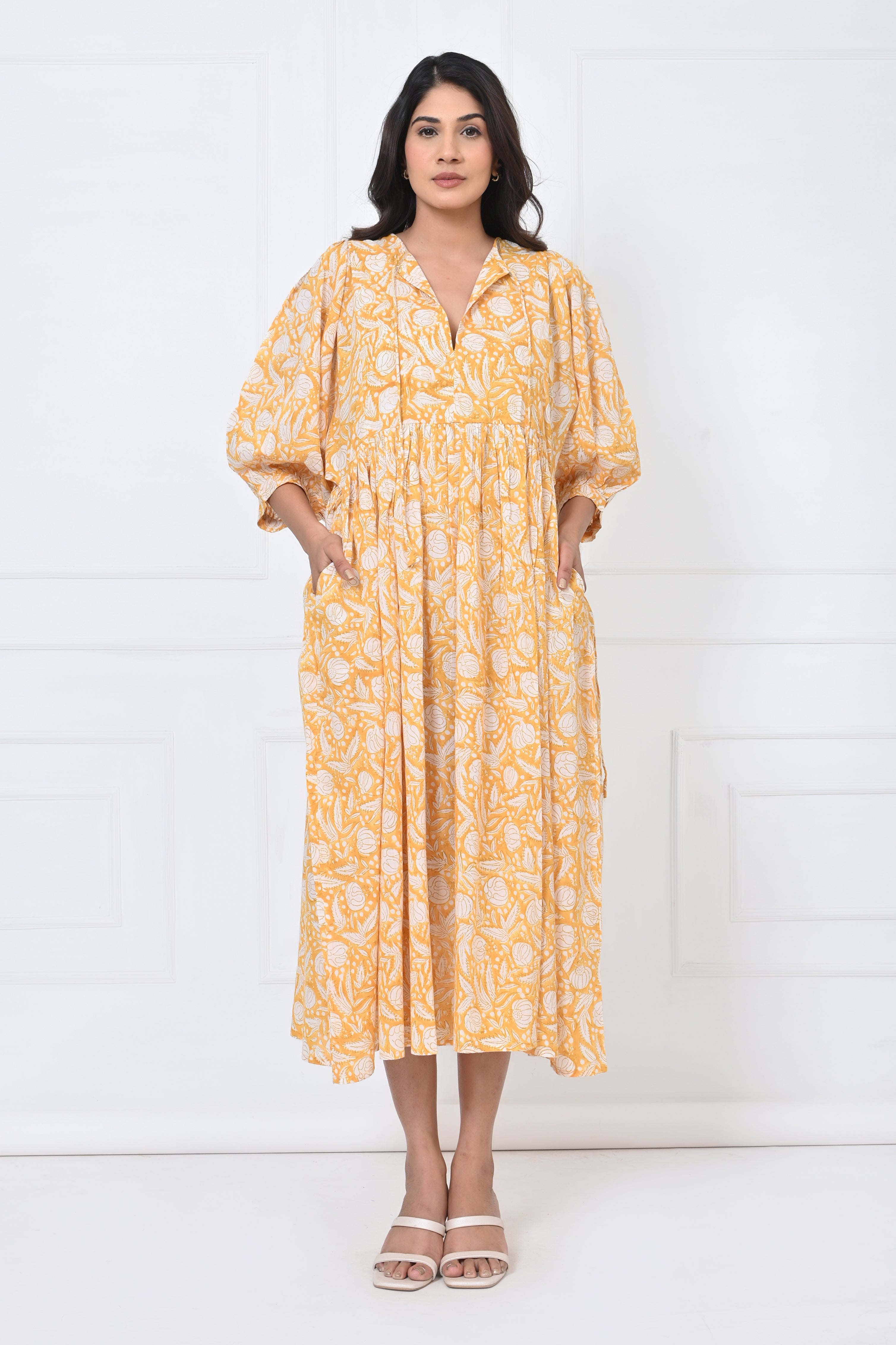 Yellow Floral Print Cotton Maxi Doi Dress
