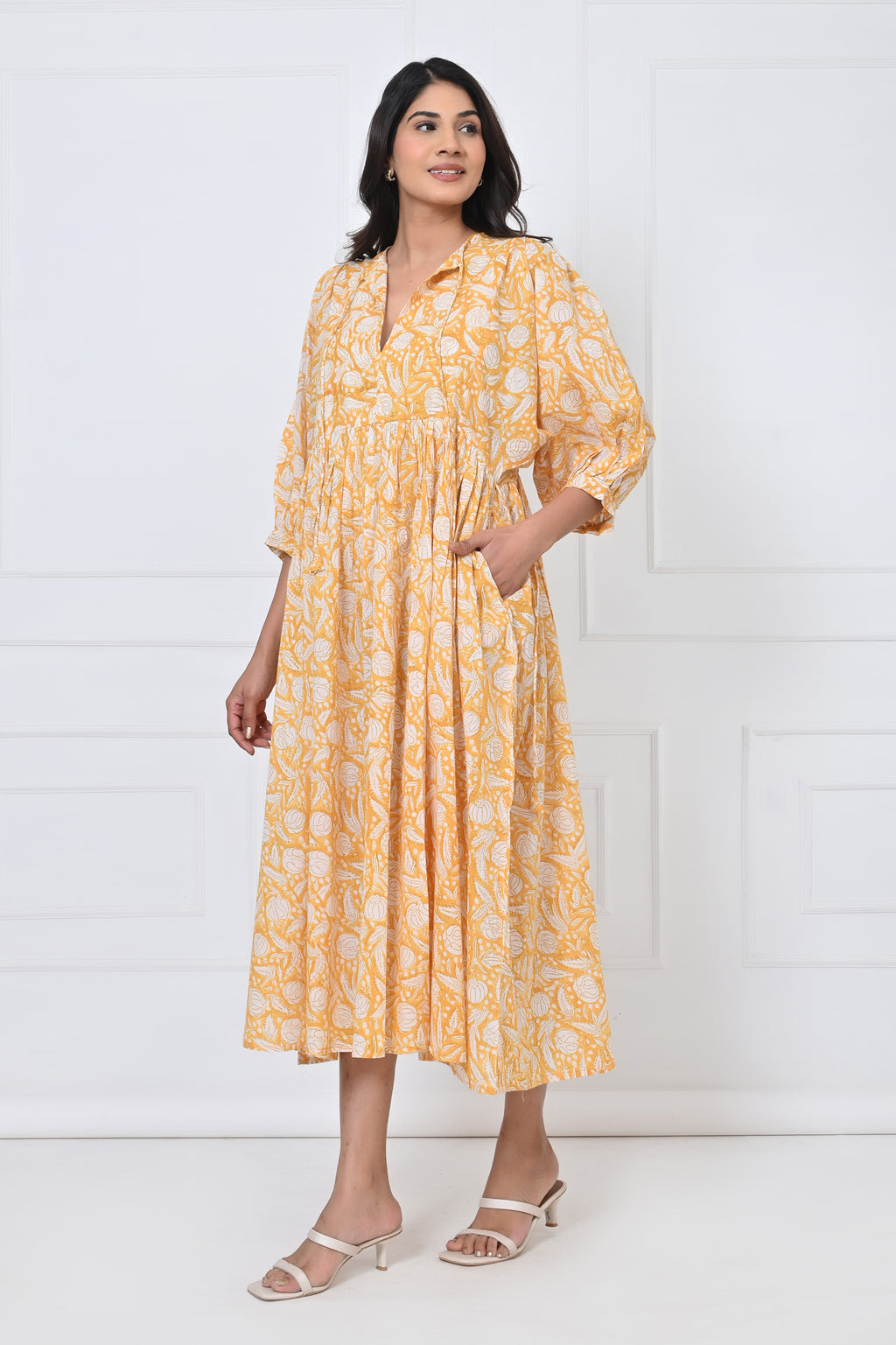 Yellow Floral Print Cotton Maxi Doi Dress