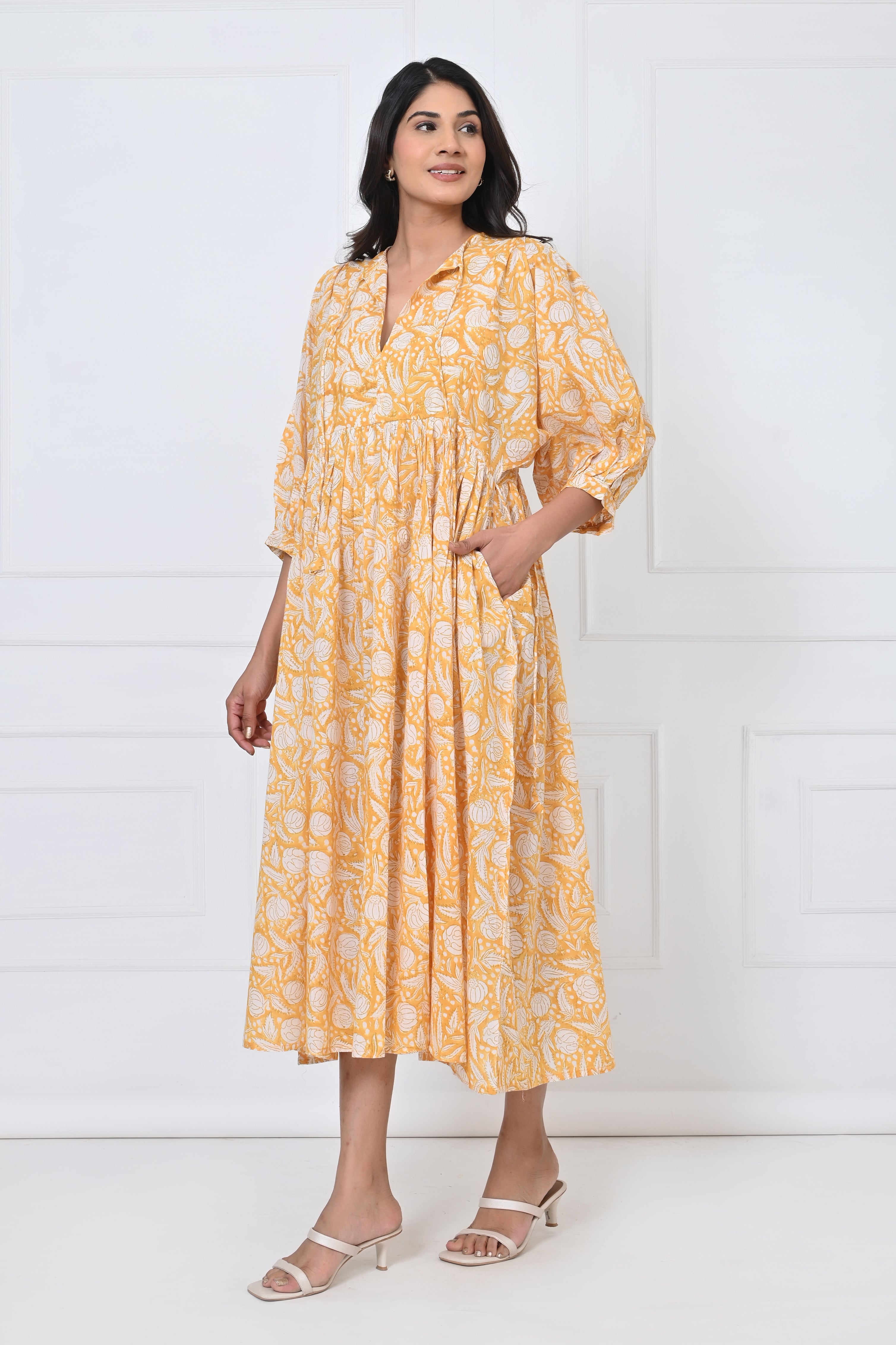 Yellow Floral Print Cotton Maxi Doi Dress