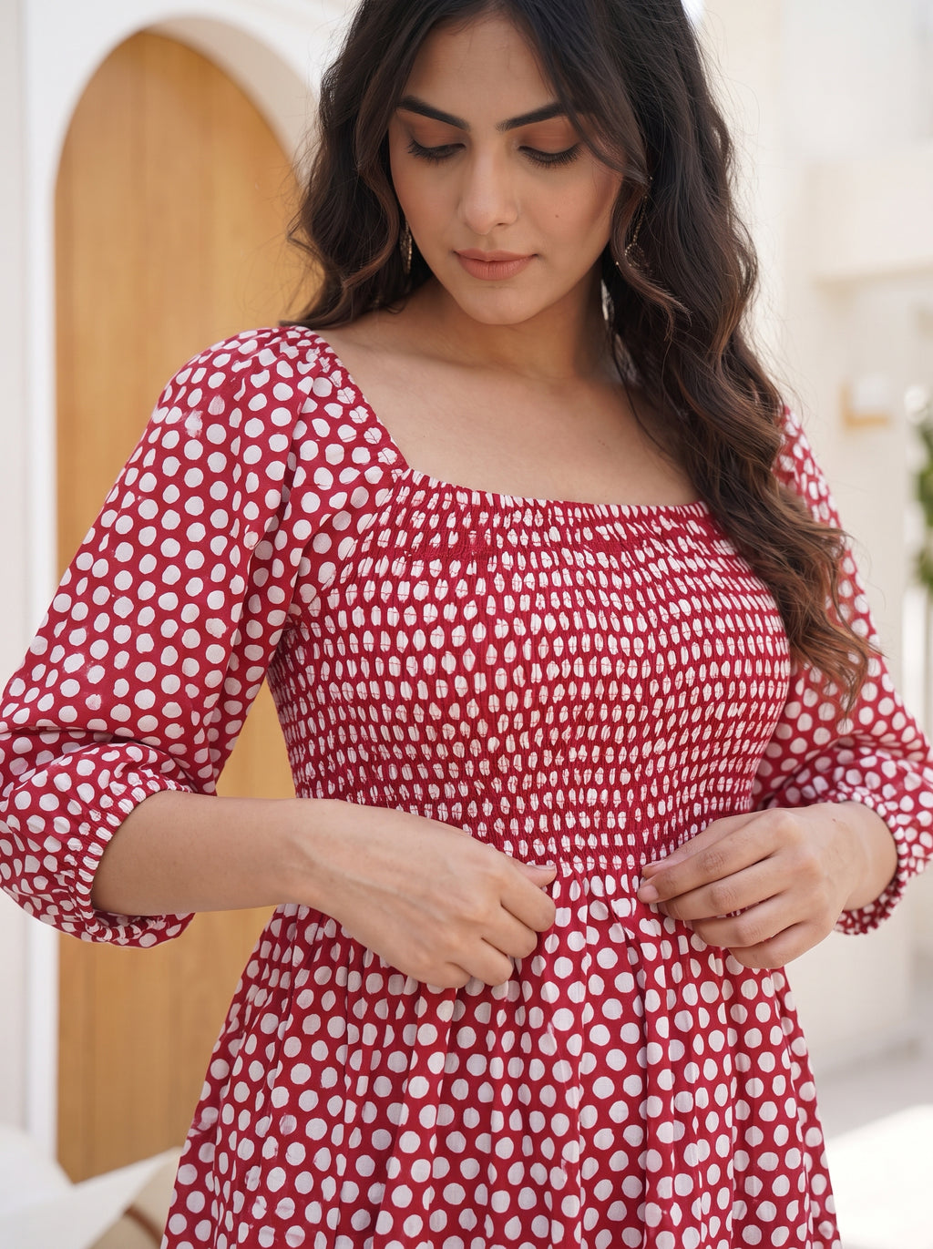 Crimson Polka Smocked Midi Dress