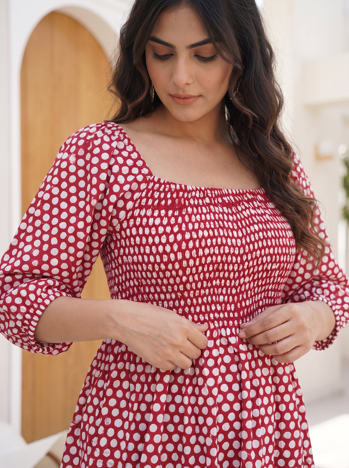 Crimson Polka Smocked Midi Dress