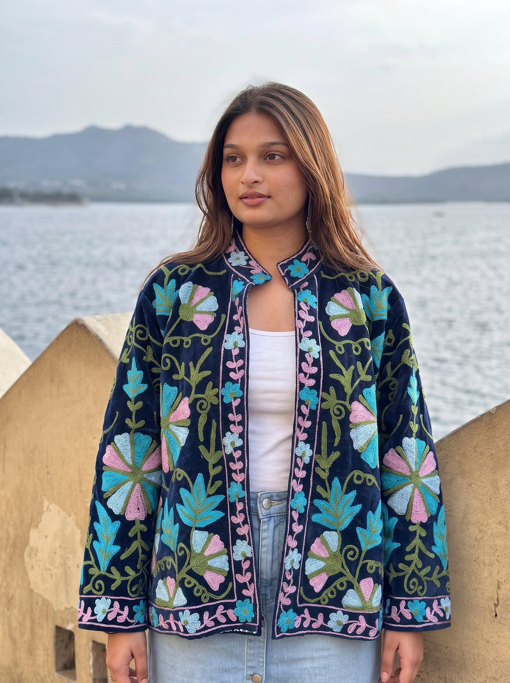 Navy Botanical Embroidered Velvet Suzani Jacket