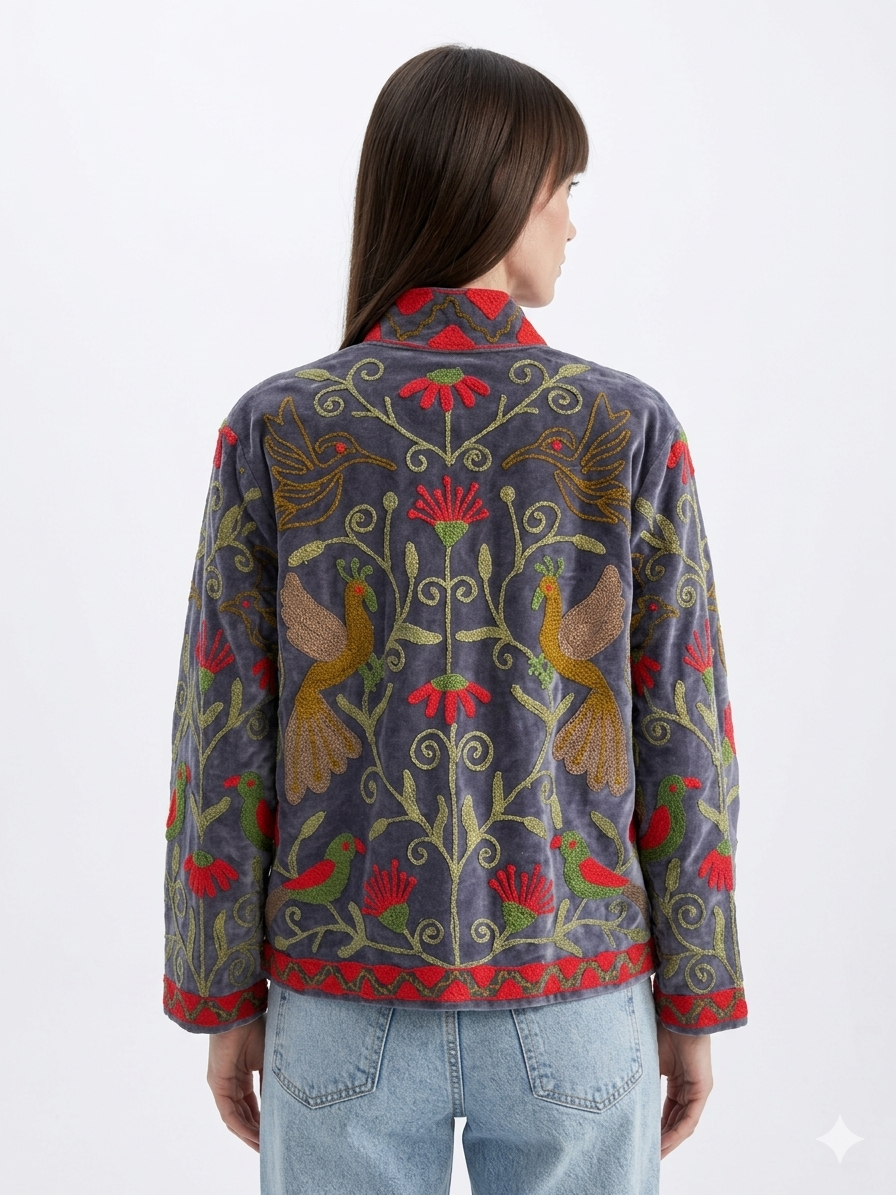Grey Floral Bird Embroidered Jacket