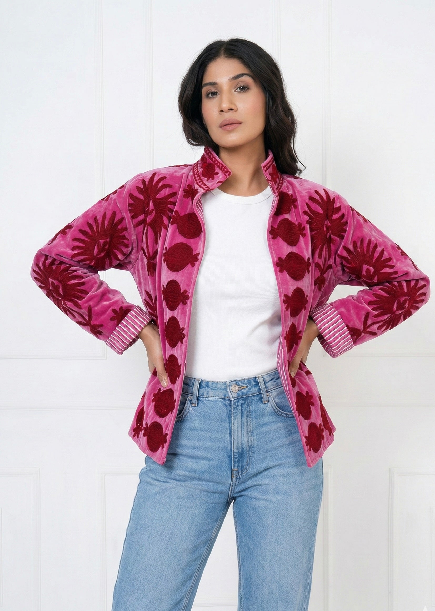 Pink Floral Velvet Jacket with Stand Collar
