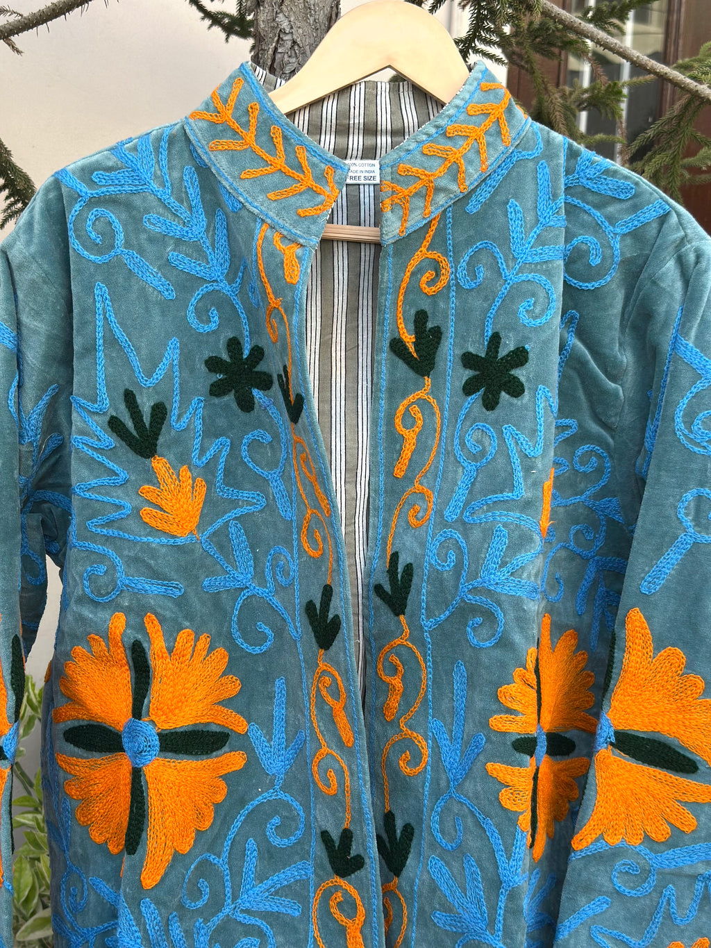 Azure Bloom Embroidered Velvet Jacket