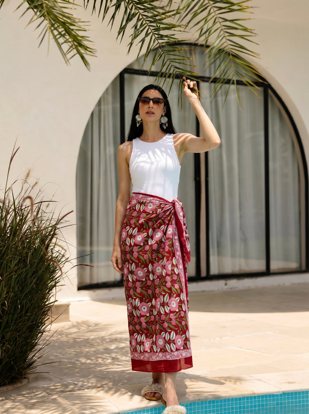 Crimson Bloom Print Cotton Sarong