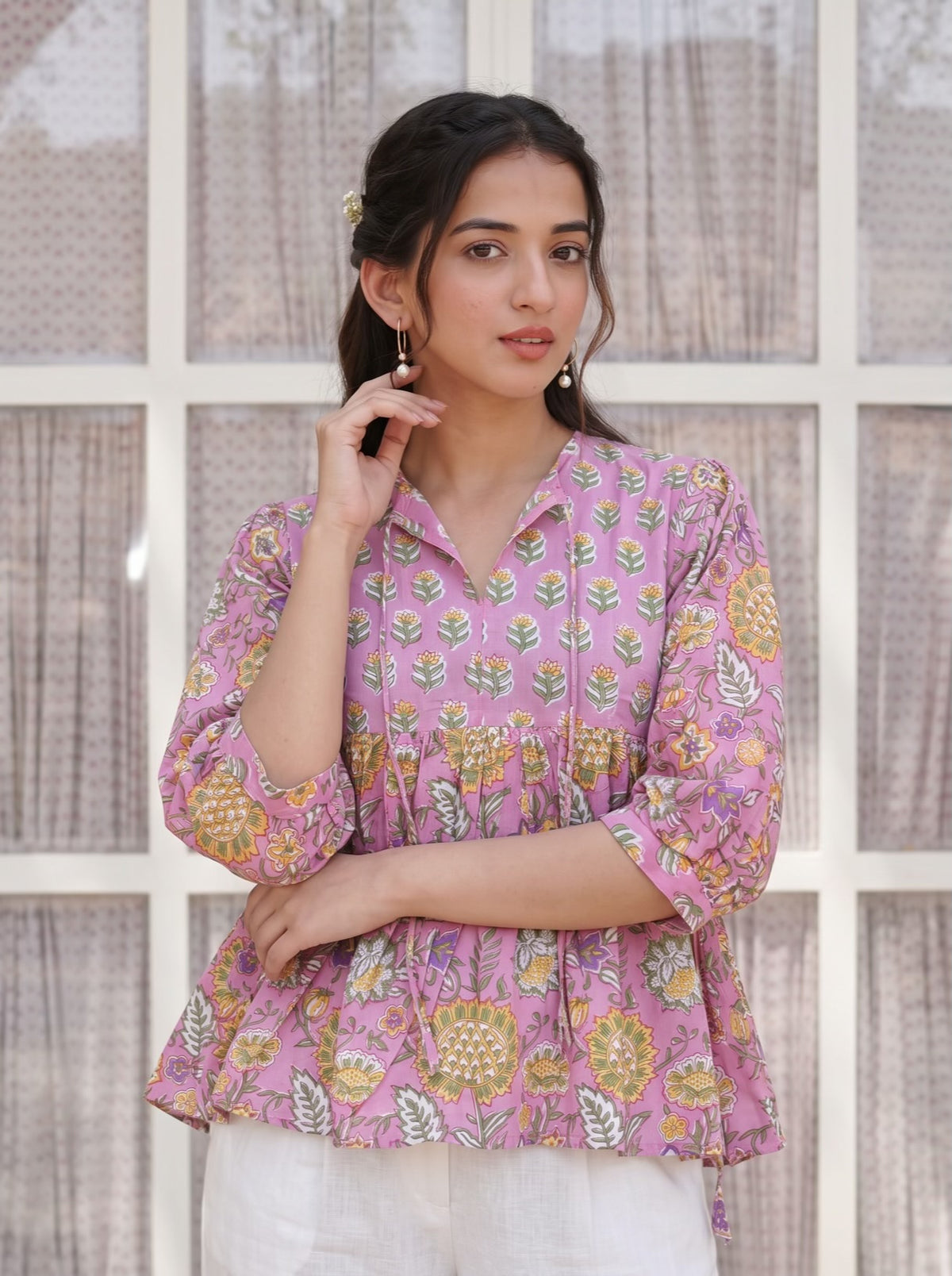 Pink Bloom Handblock Peplum Top
