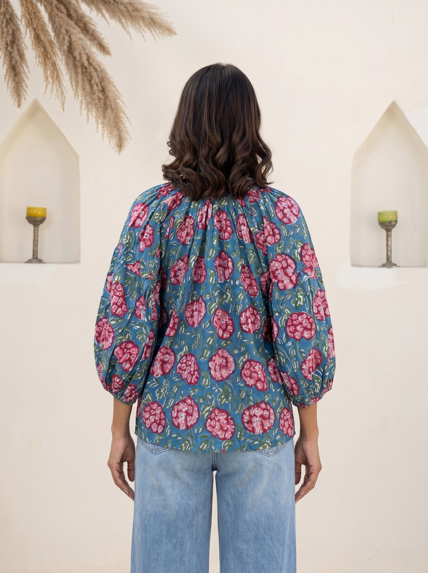 Blue Bloom Block Print Cotton Top