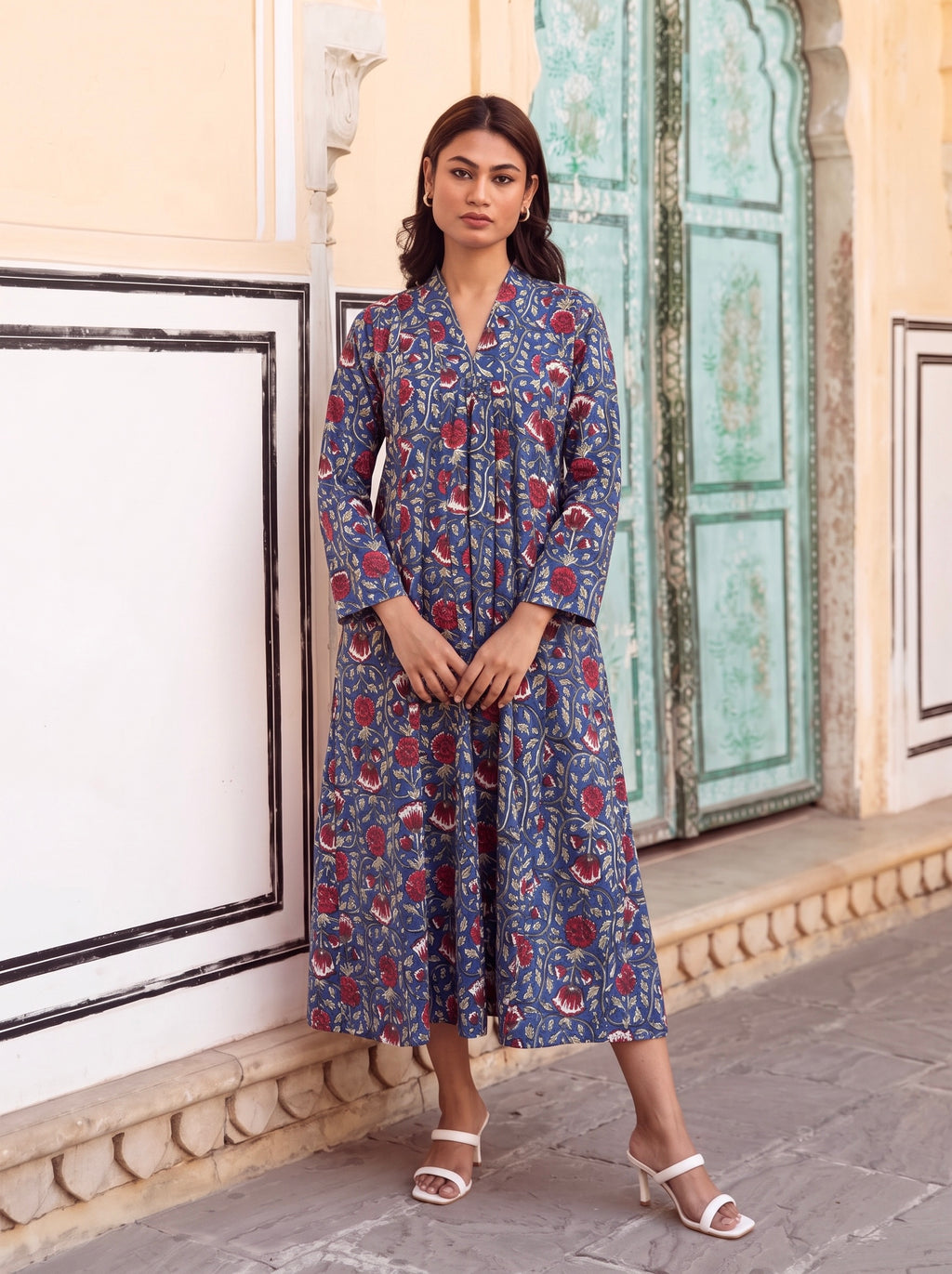 Blue Floral Flare Midi Dress