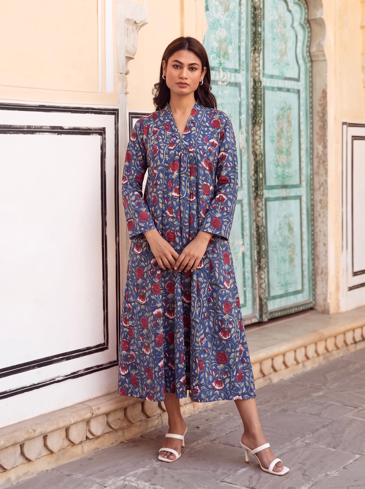 Blue Floral Flare Midi Dress