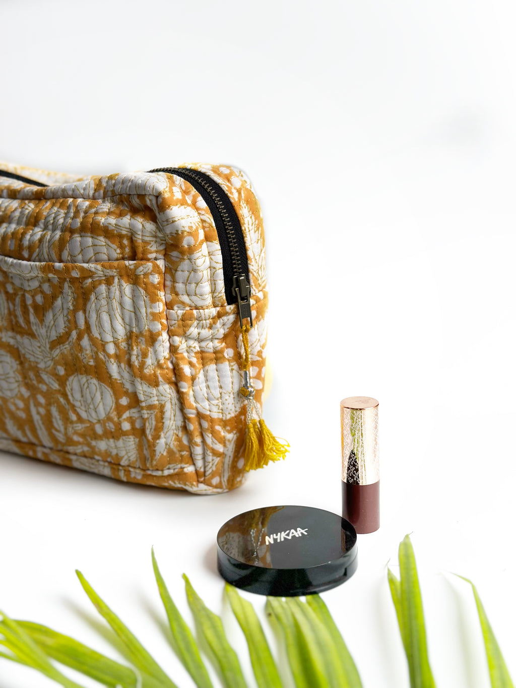 Mustard Floral Quilted Cosmetic Pouch