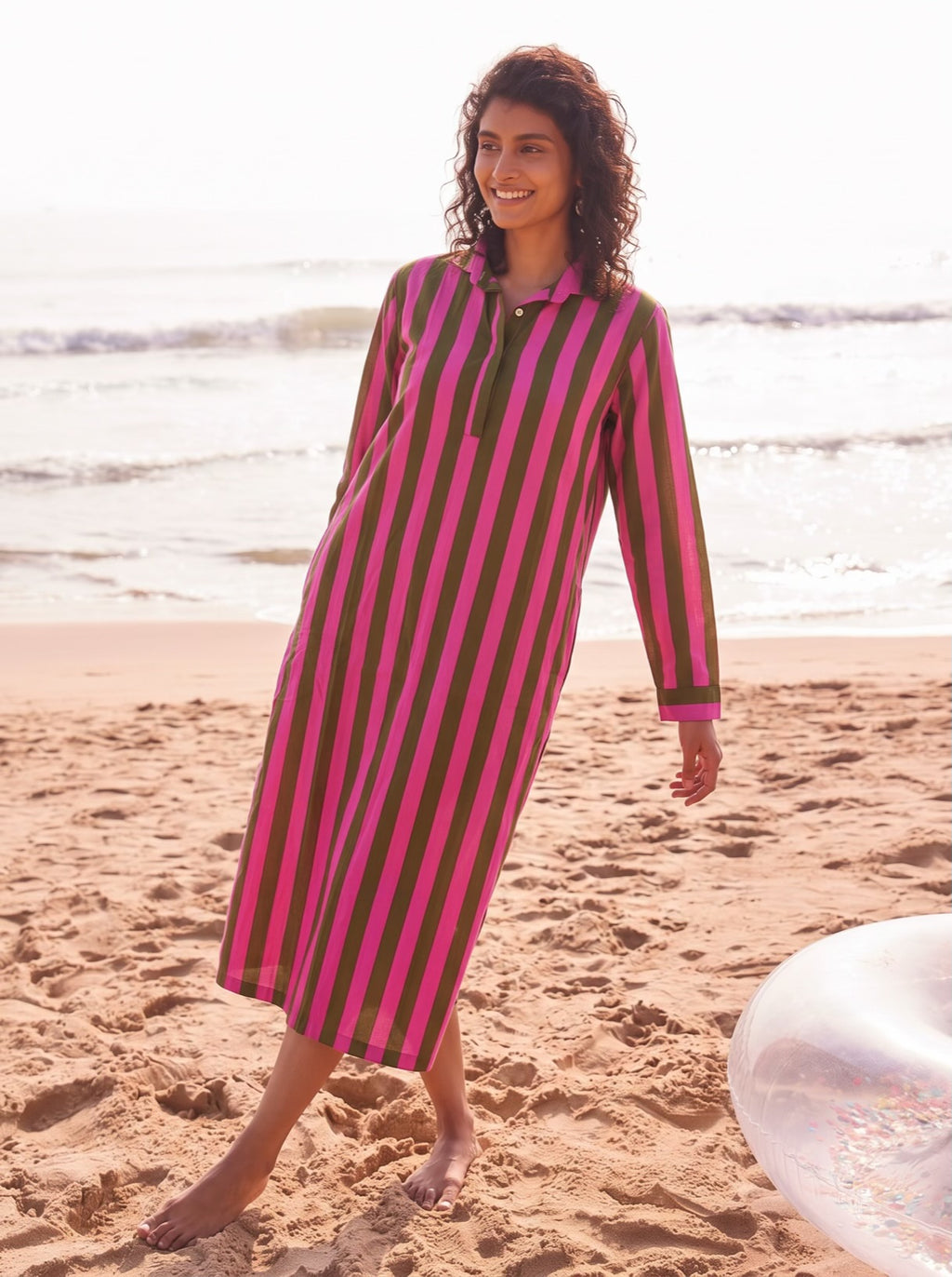 Pink Olive Stripe Shirt Dress