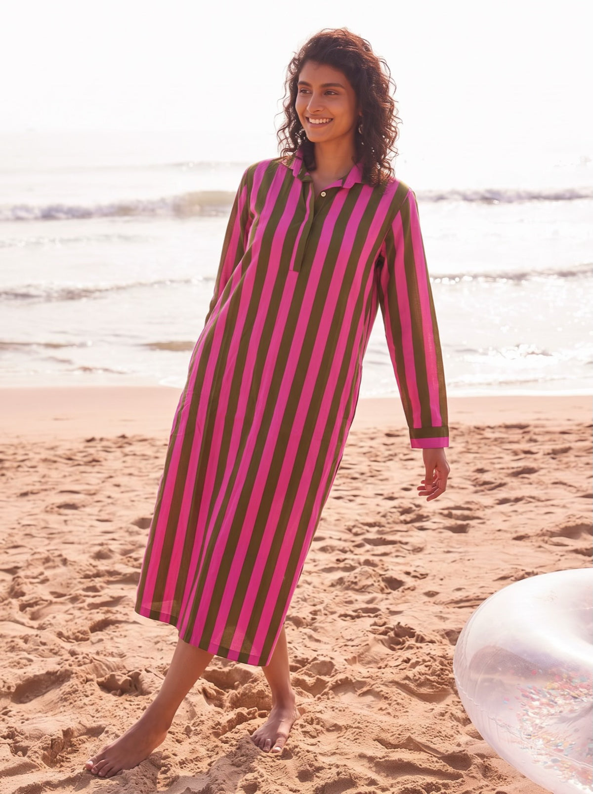 Pink Olive Stripe Shirt Dress