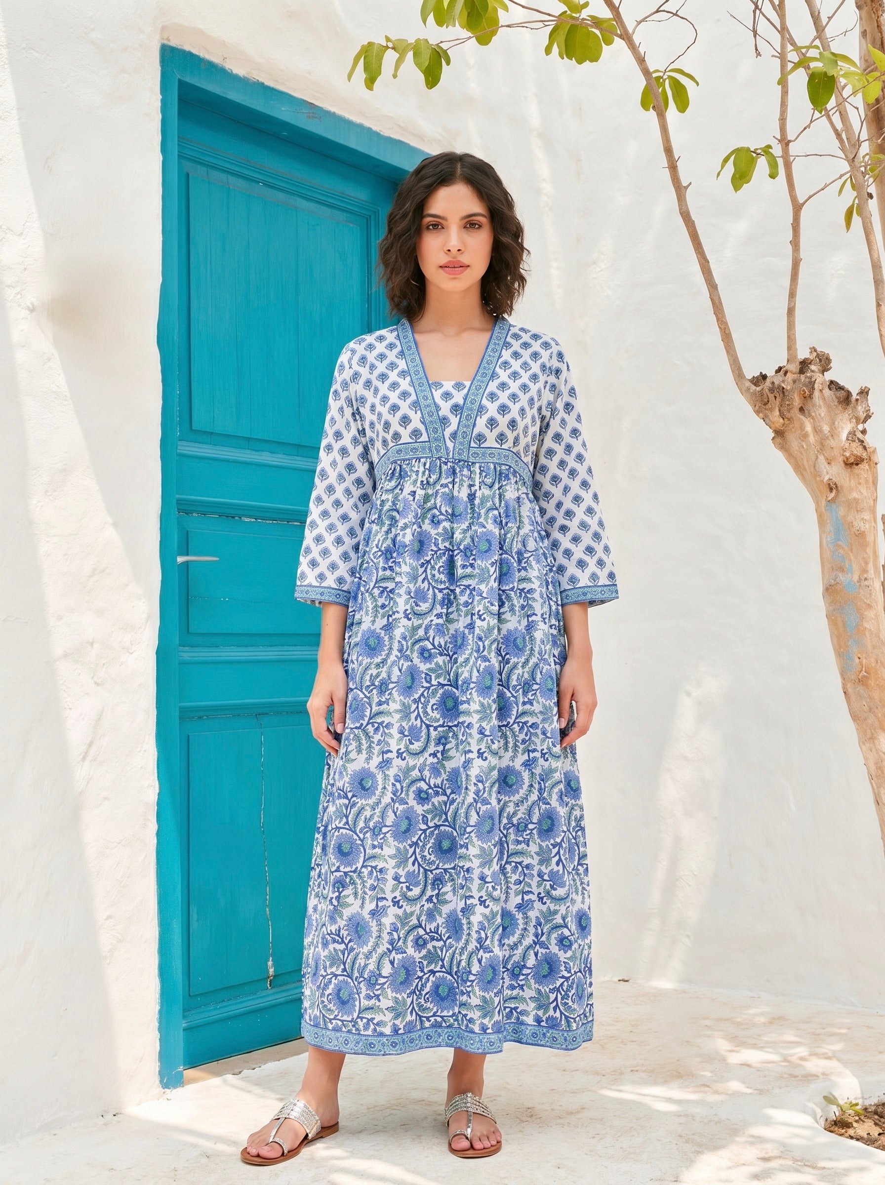 Azure Garden Handblock Maxi Dress
