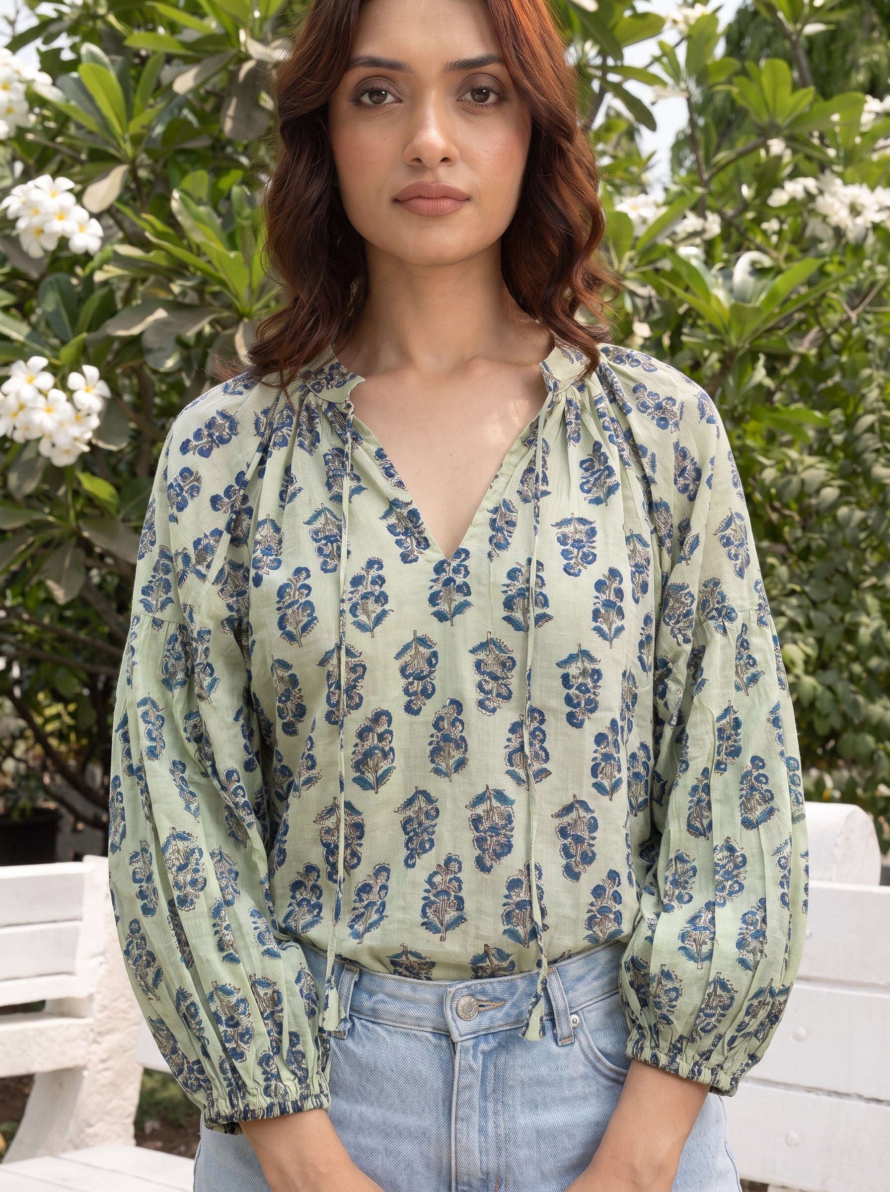 Sage Bloom Handblock Blouse