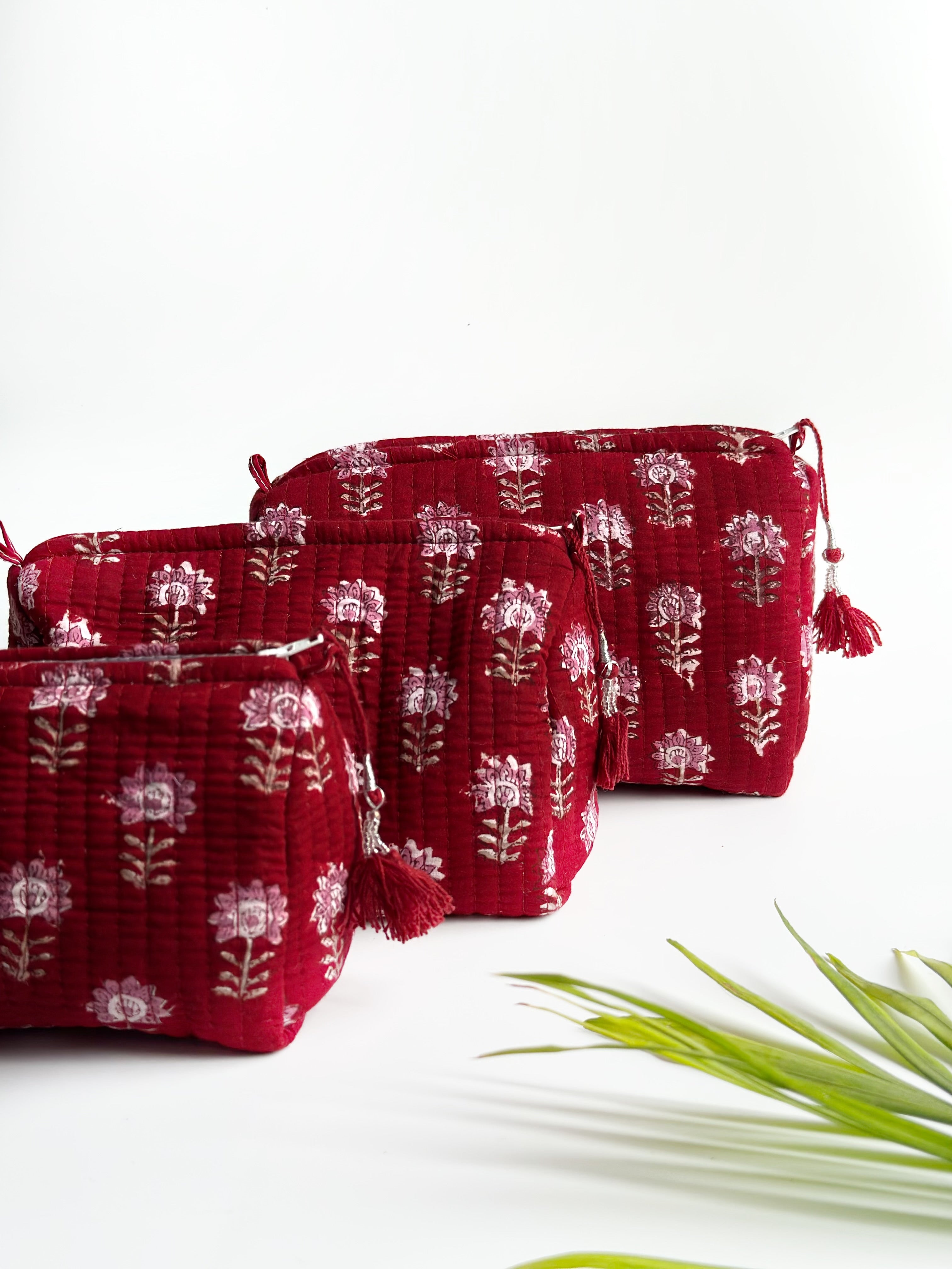 Ruby Blossom Quilted Cosmetic Bag Set of 3