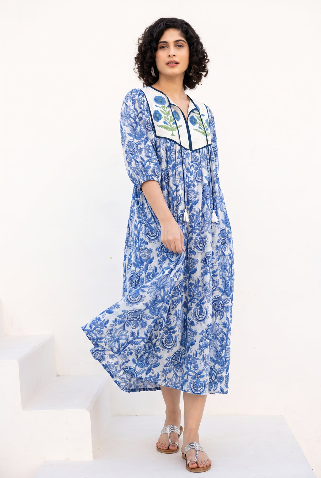 Blue Meadow Cotton Printed Buta Dress