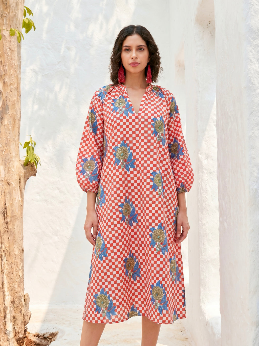 Coral Check Bloom Cotton Dress