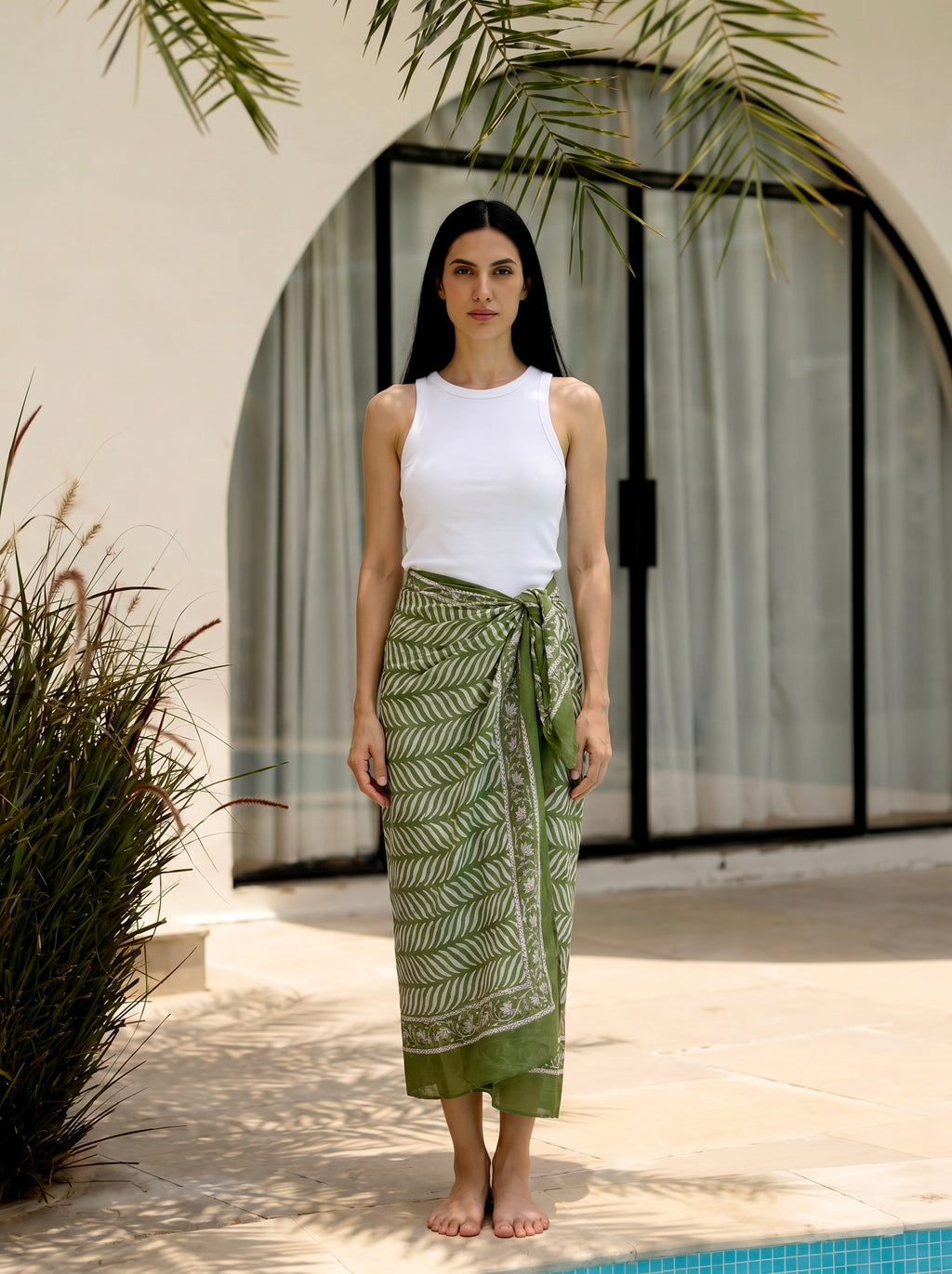 Olive Fern Block Print Cotton Sarong
