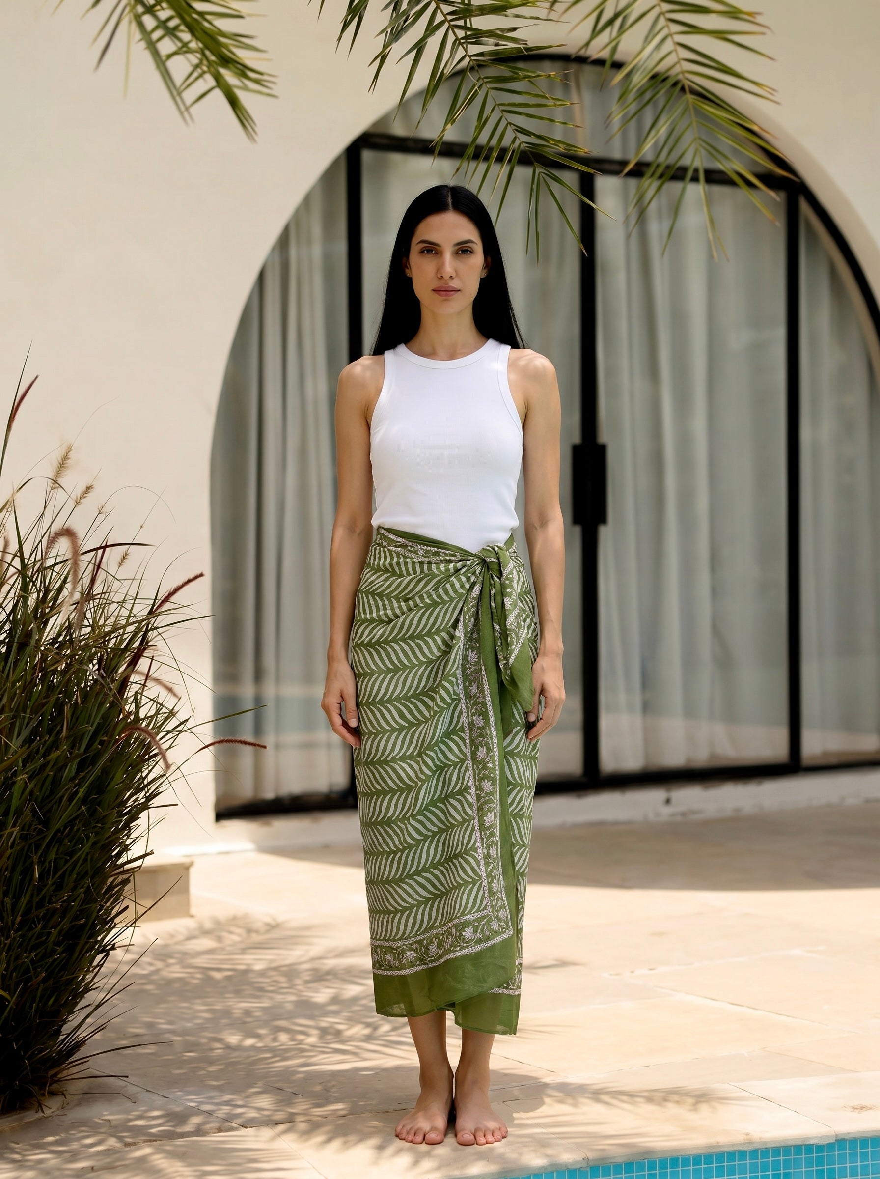 Olive Fern Block Print Cotton Sarong