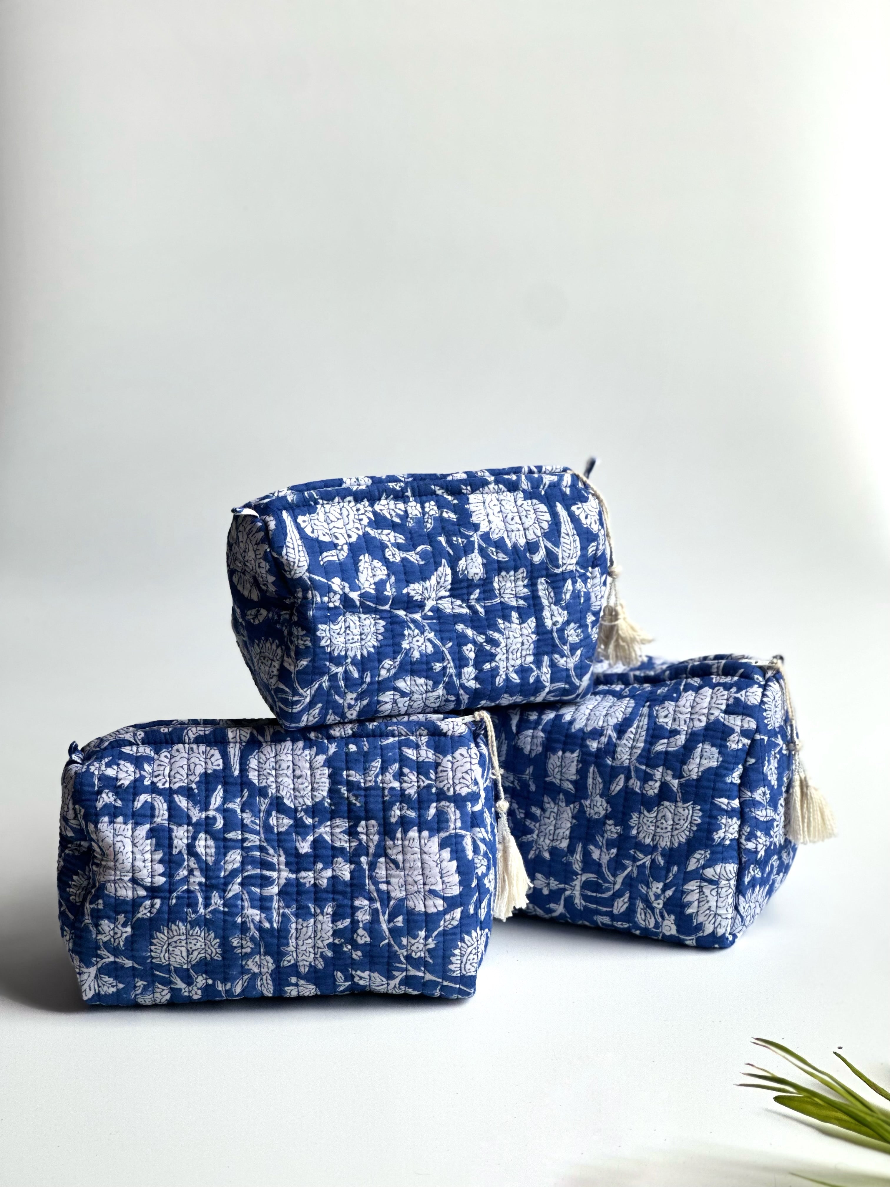 Indigo Bloom Quilted Cosmetic Bag Set of 3