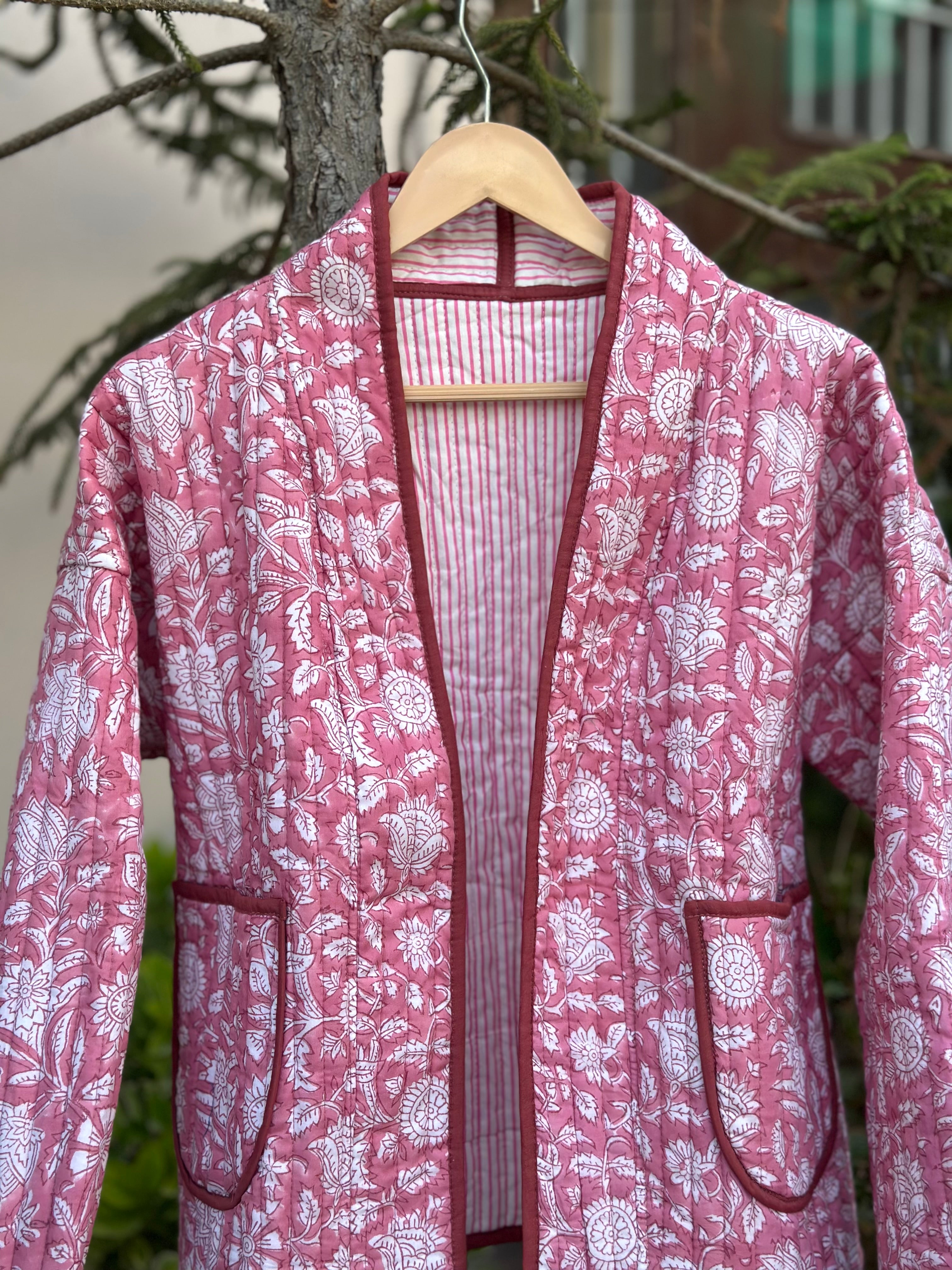 Rosé Bloom Handblock Quilted Cotton Jacket