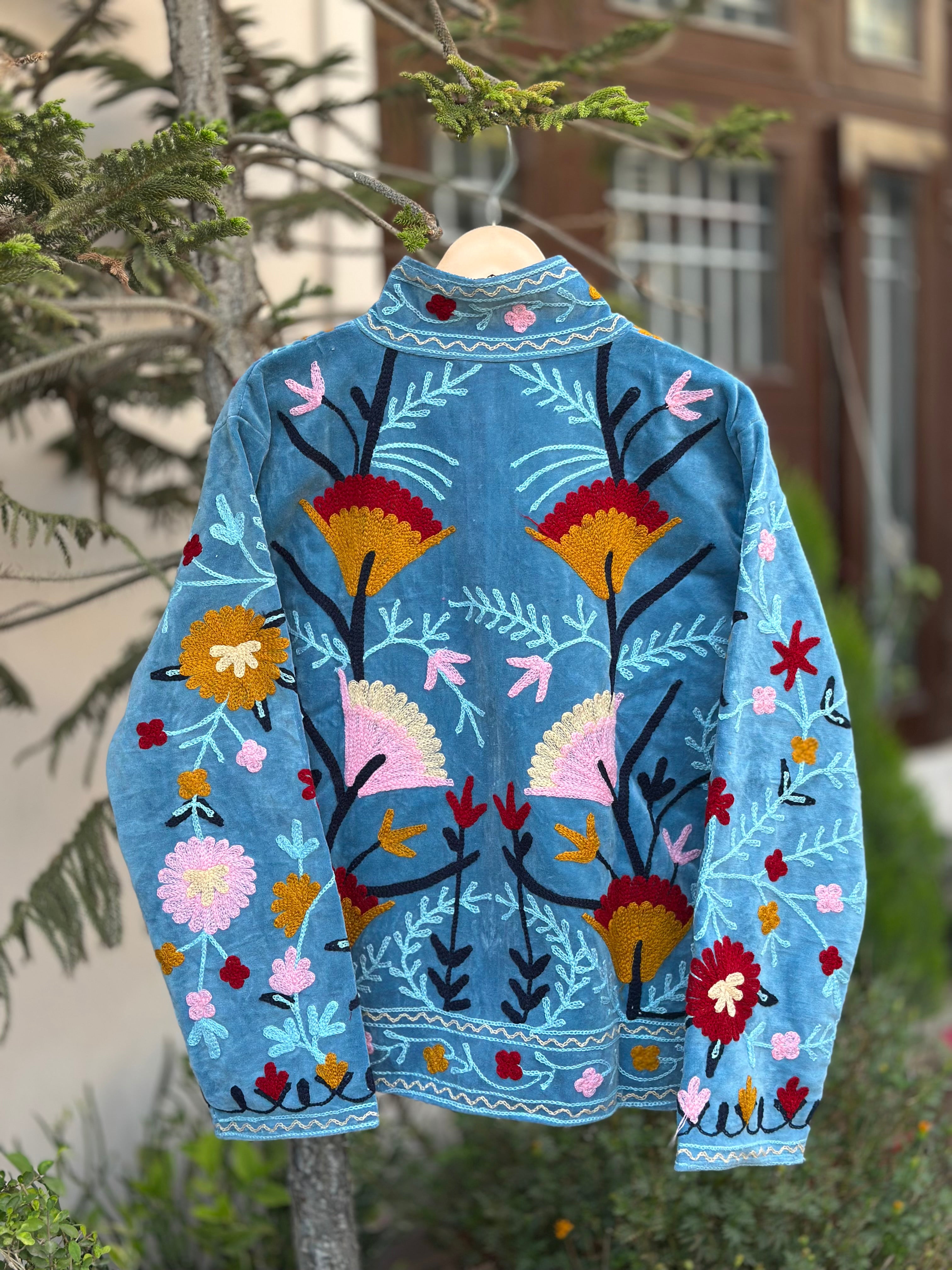 Sky Bloom Embroidered Velvet Jacket