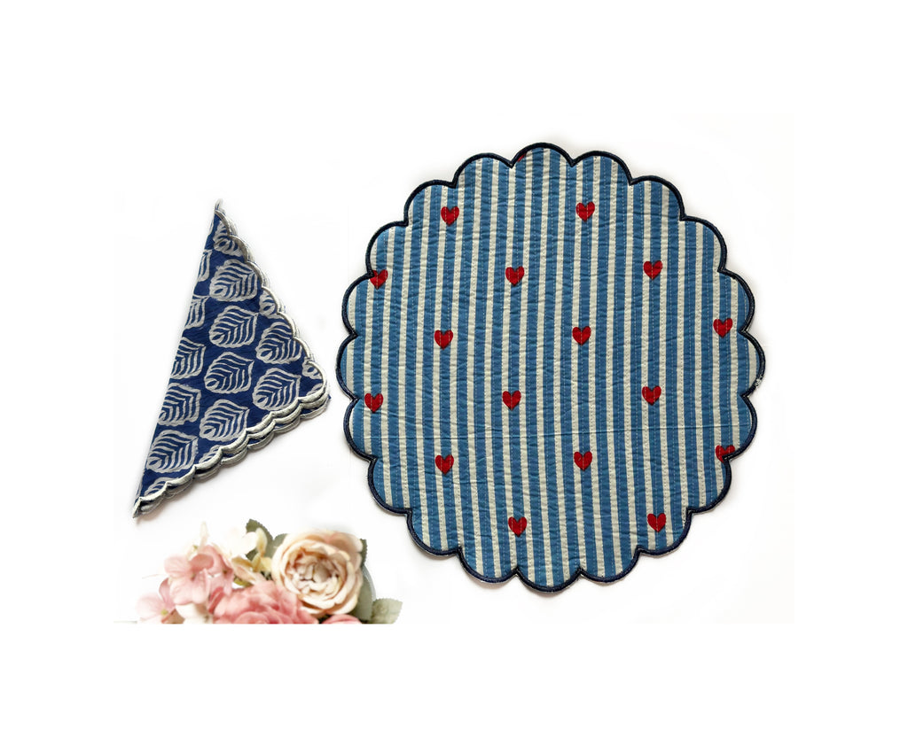 Indigo Leaf Quilted Placemats & Napkin Set of 6
