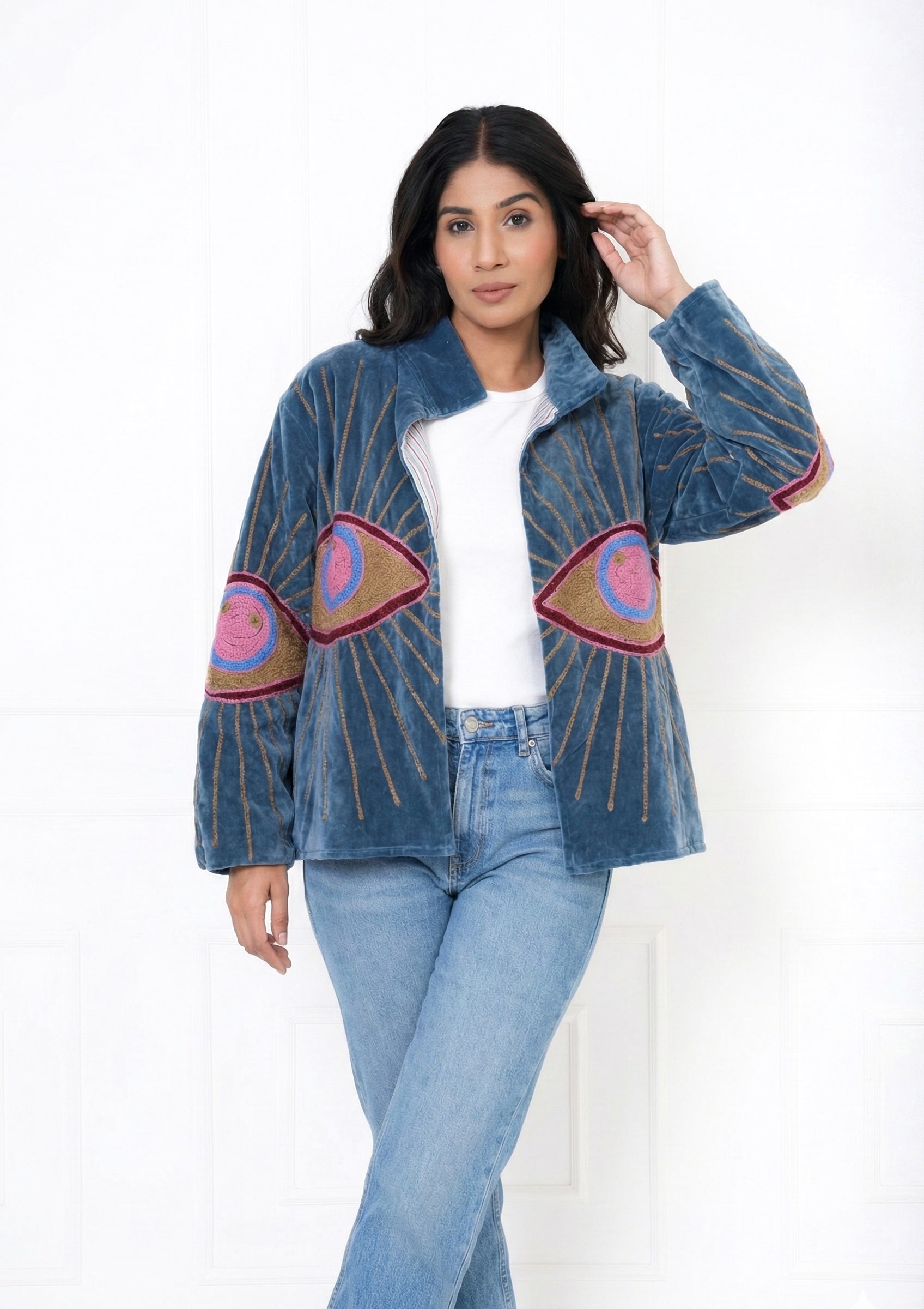 Evil Eye Motif Embroidered Velvet Jacket