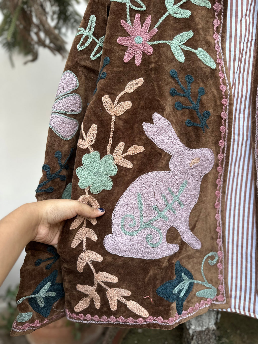 Chocolate Brown Velvet Jacket with Bunny Embroidery