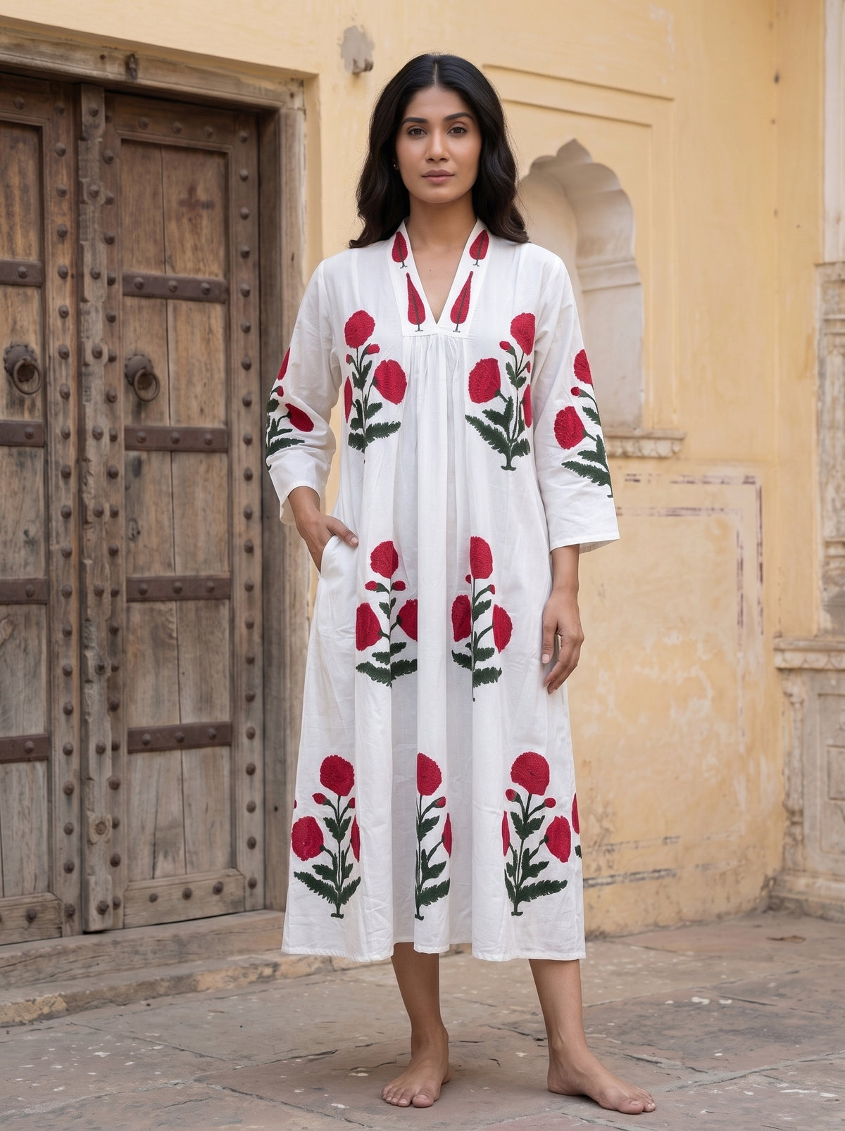 Red Poppy Hand Block Print Cotton Dress