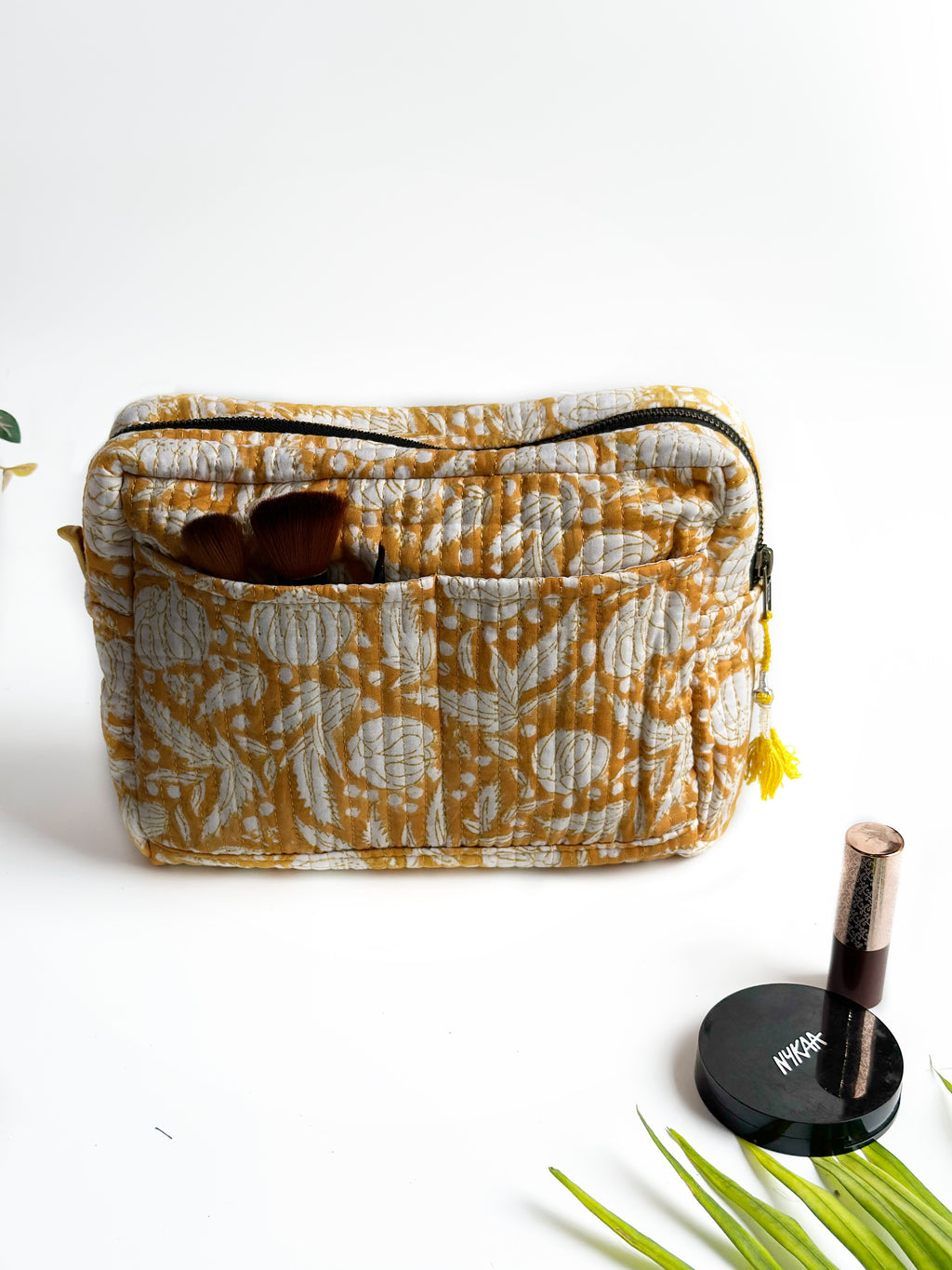 Mustard Floral Quilted Cosmetic Pouch