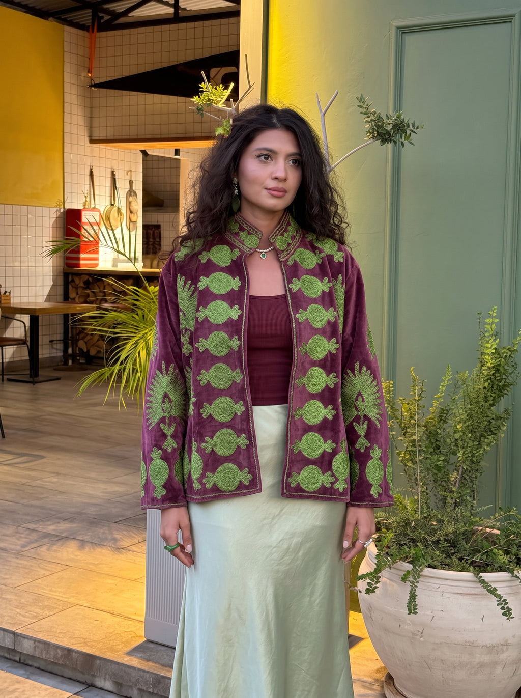 Burgundy Candy Embroidered Velvet Suzani Jacket