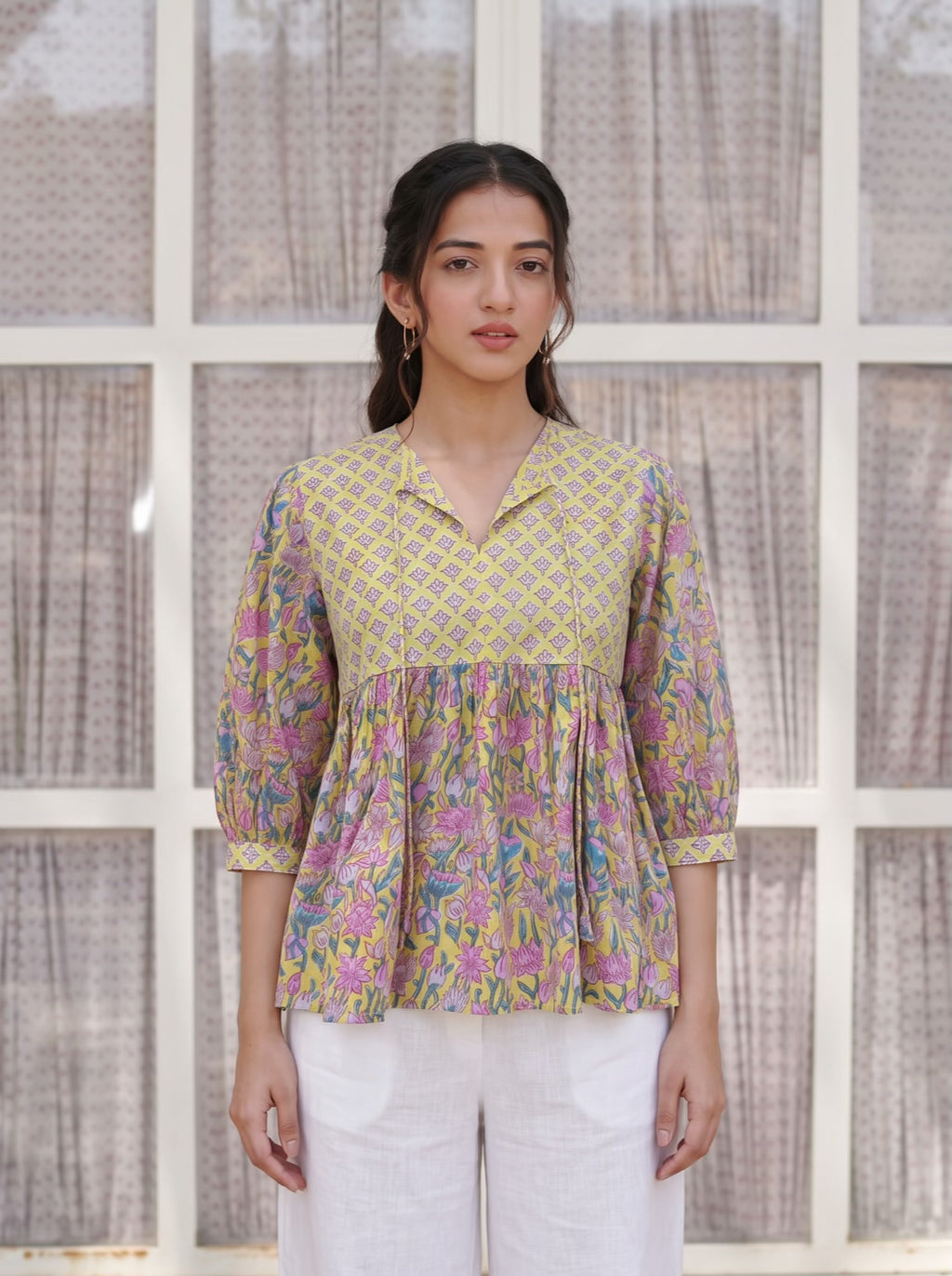 Mustard Floral Peplum Cotton Top