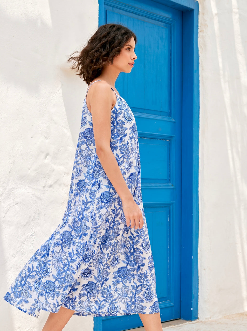 Blue & White Floral Cotton Maxi Dress