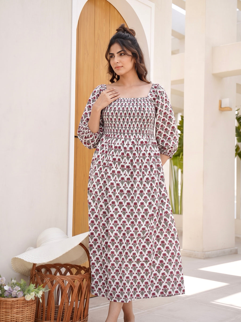 Maroon Meadow Smocked Midi Dress