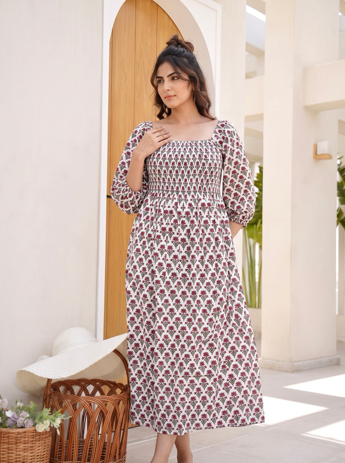 Maroon Meadow Smocked Midi Dress
