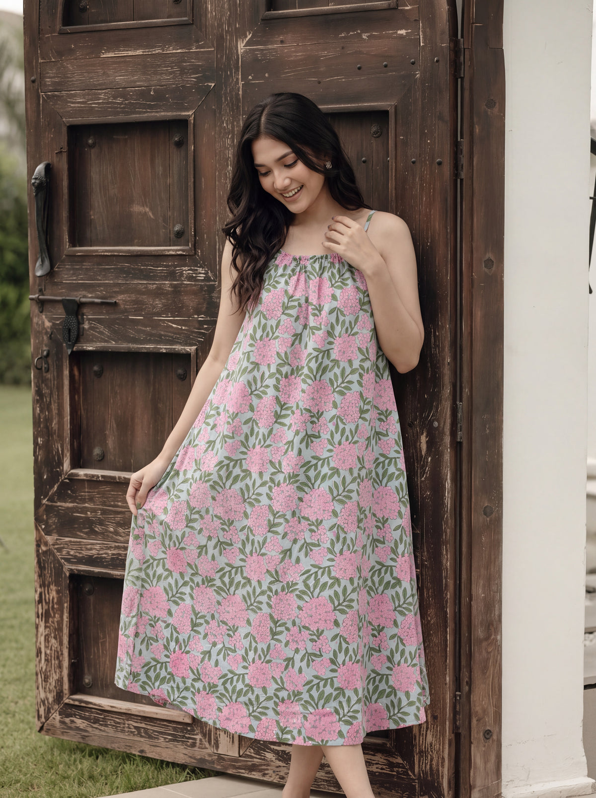 Pink Floral Hand Block Print Cotton Midi Dress