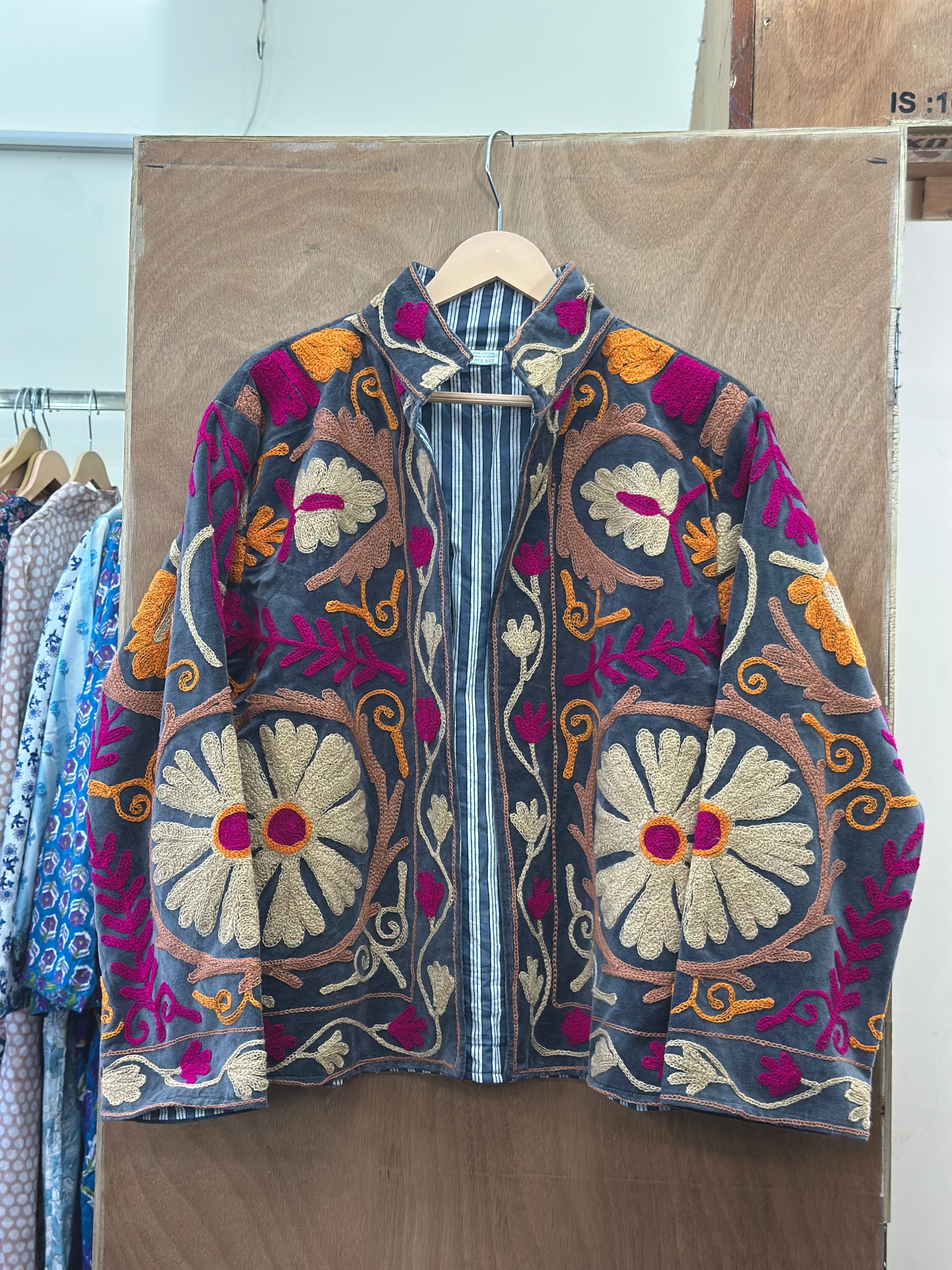 Charcoal Grey Suzani Velvet Jacket