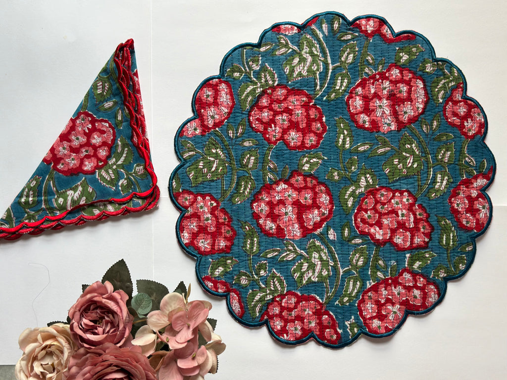 Crimson Bloosom Quilted Placemats & Napkin Set of 6