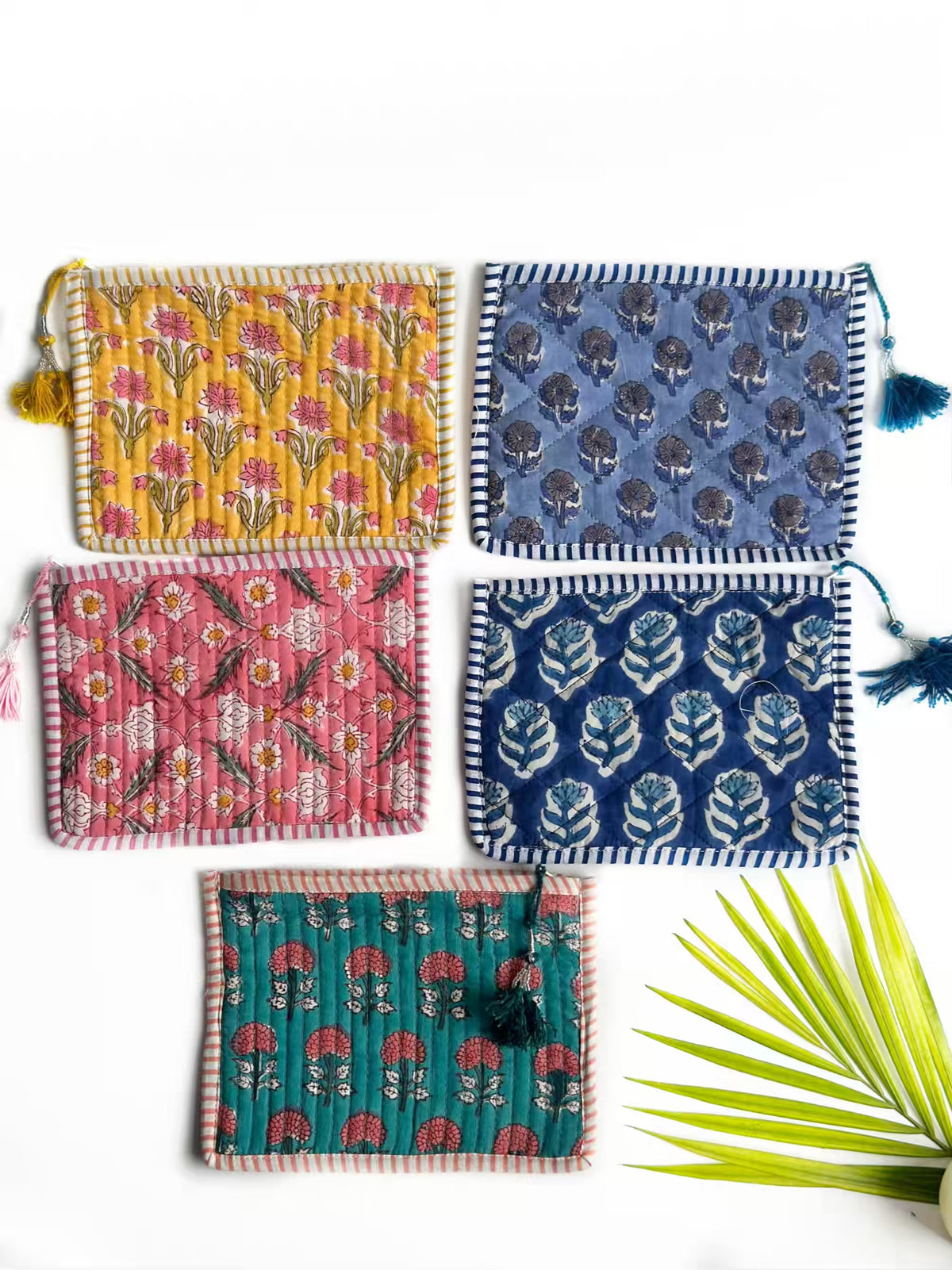 Handcrafted Quilted Cotton Zip Pouch Set – Pack of 5 Assorted Prints