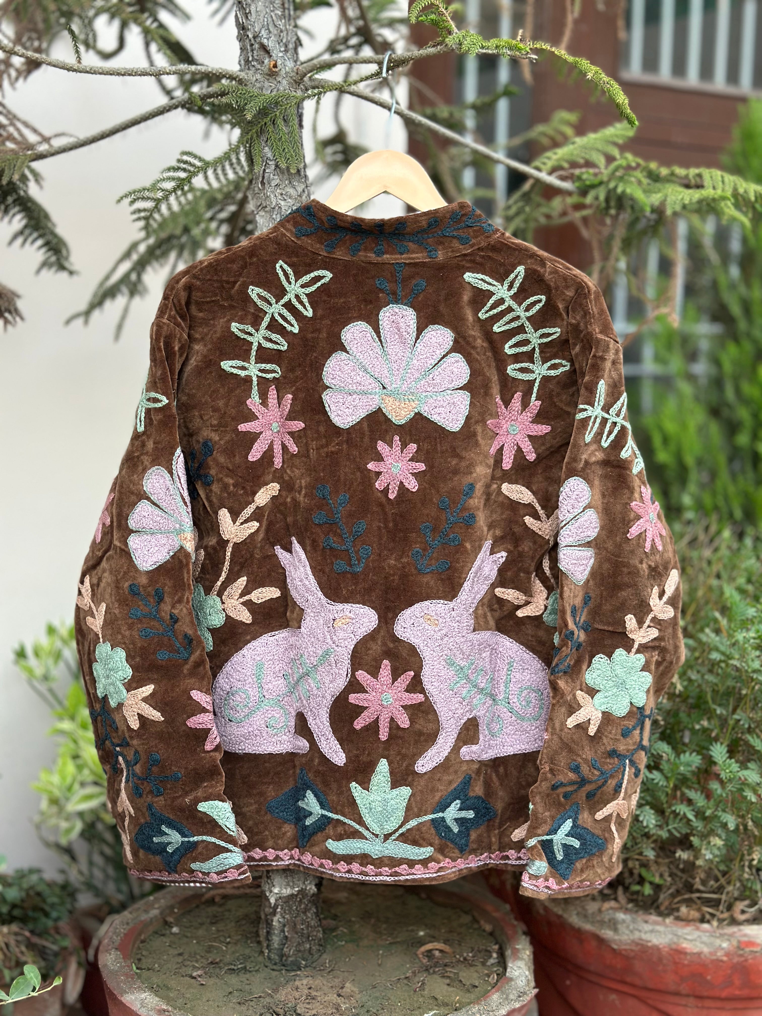 Chocolate Brown Velvet Jacket with Bunny Embroidery