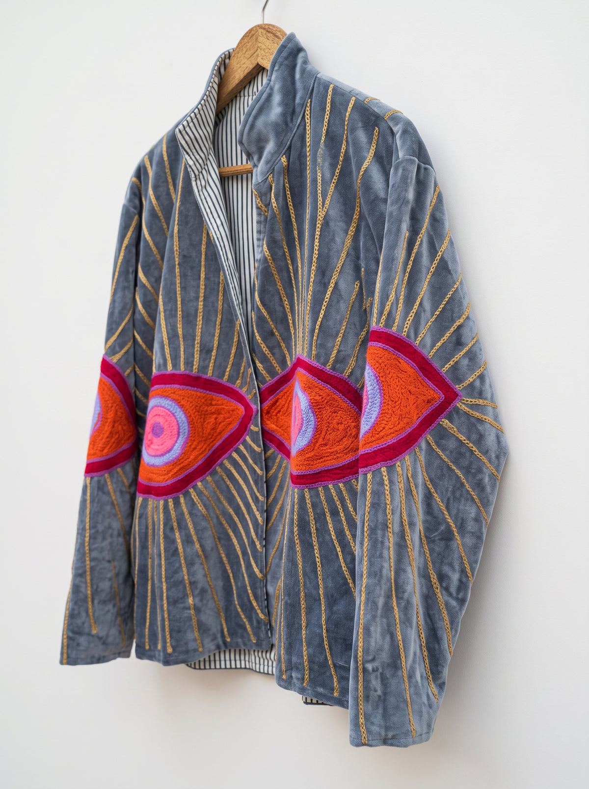 Grey Evil Eye Embroidered Velvet Jacket