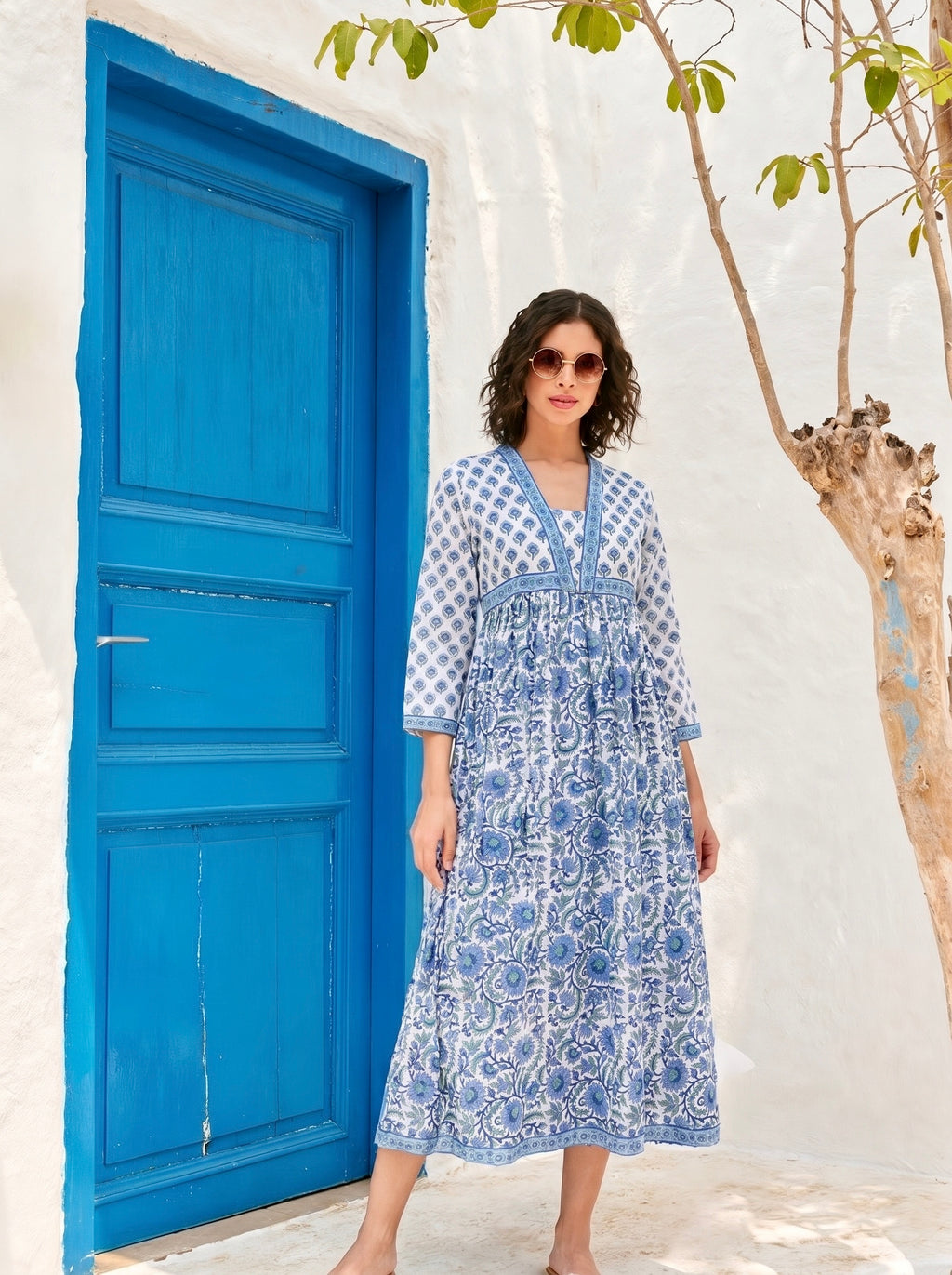 Azure Garden Handblock Maxi Dress