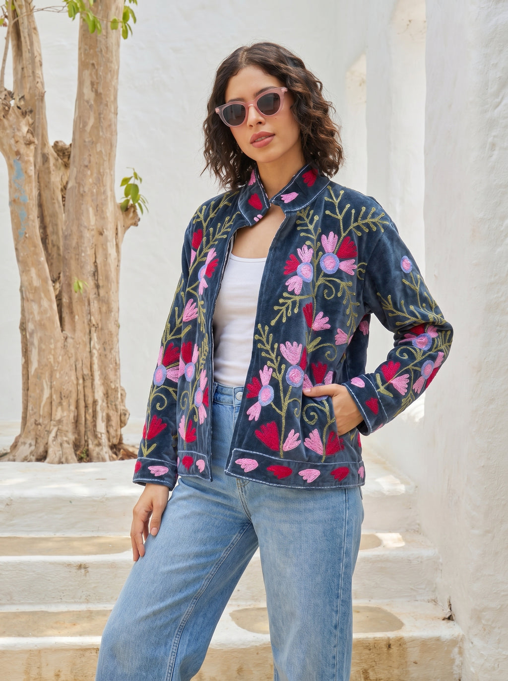 Navy Blossom Embroidered Velvet Jacket