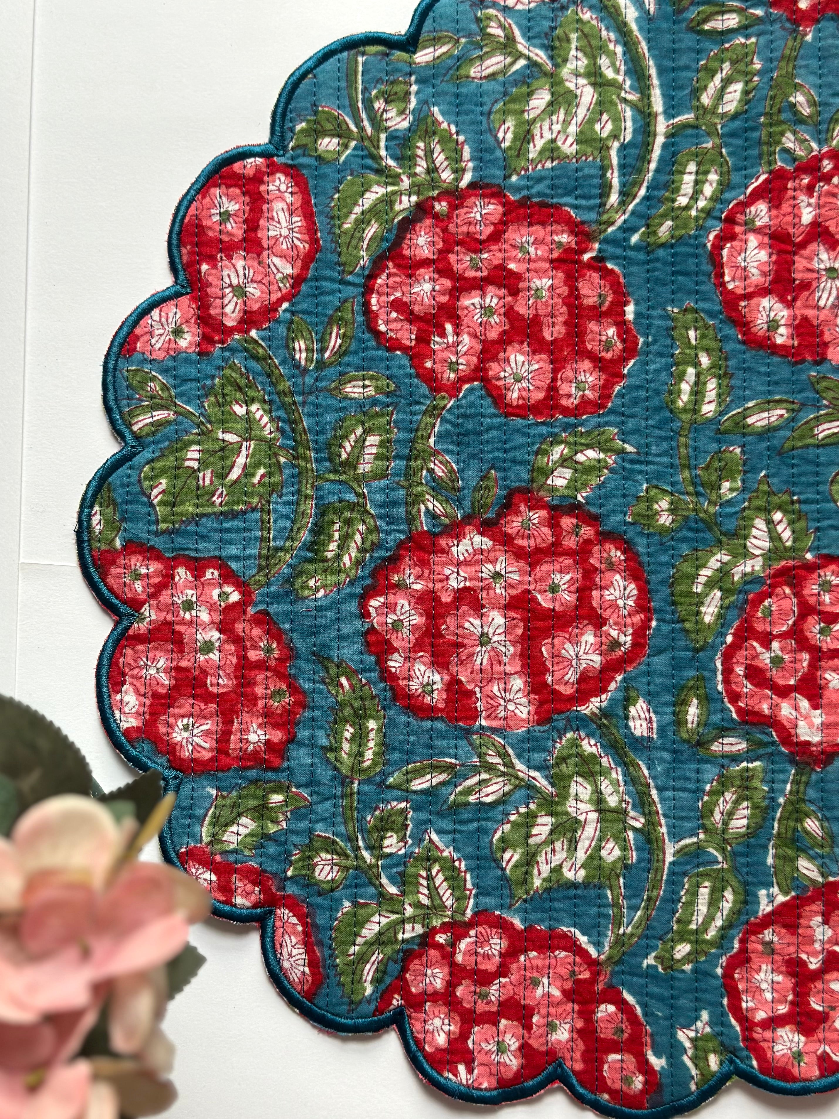 Crimson Bloosom Quilted Placemats & Napkin Set of 6