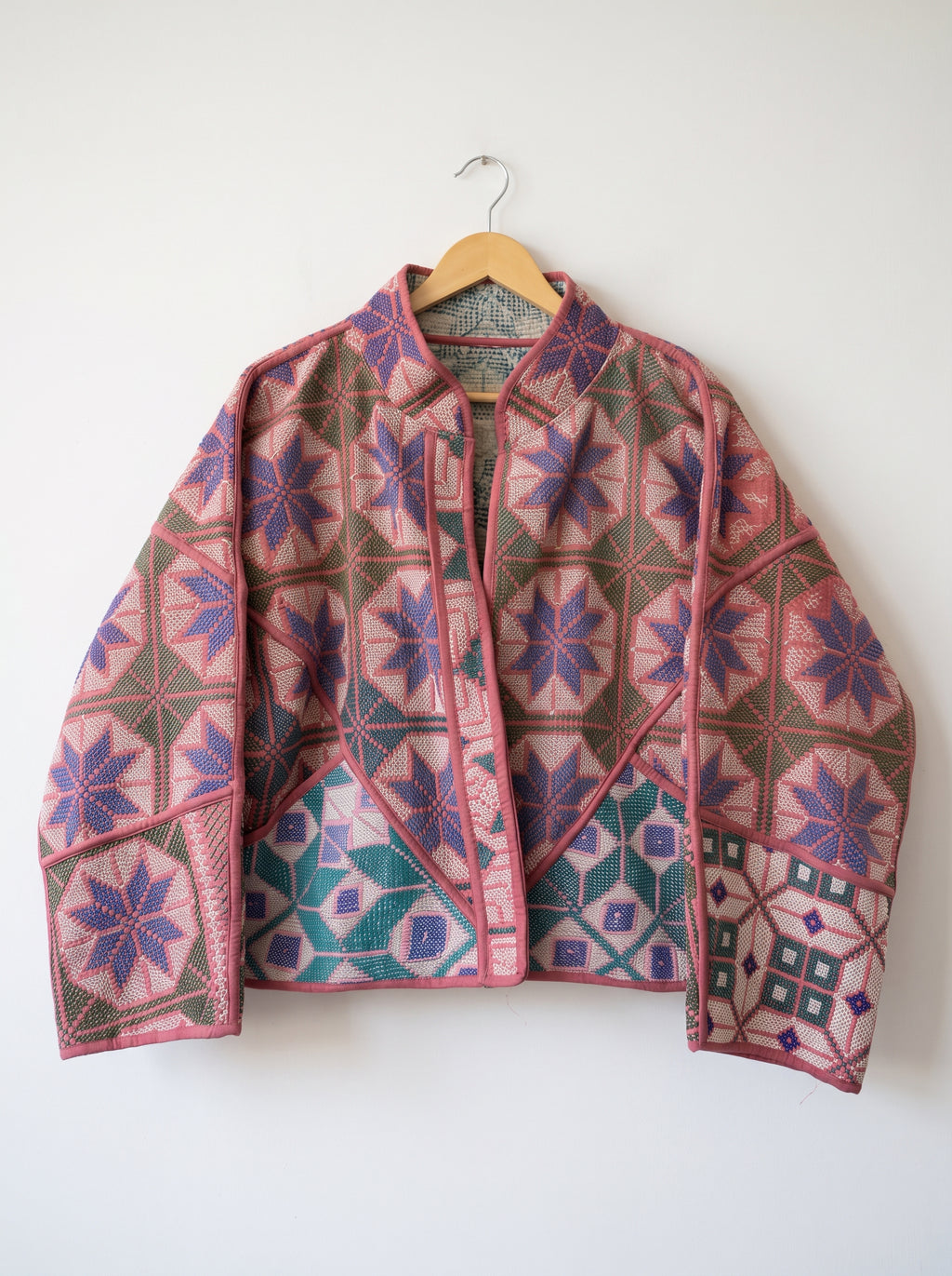 Blush Indigo Floral Kantha Bomber Jacket