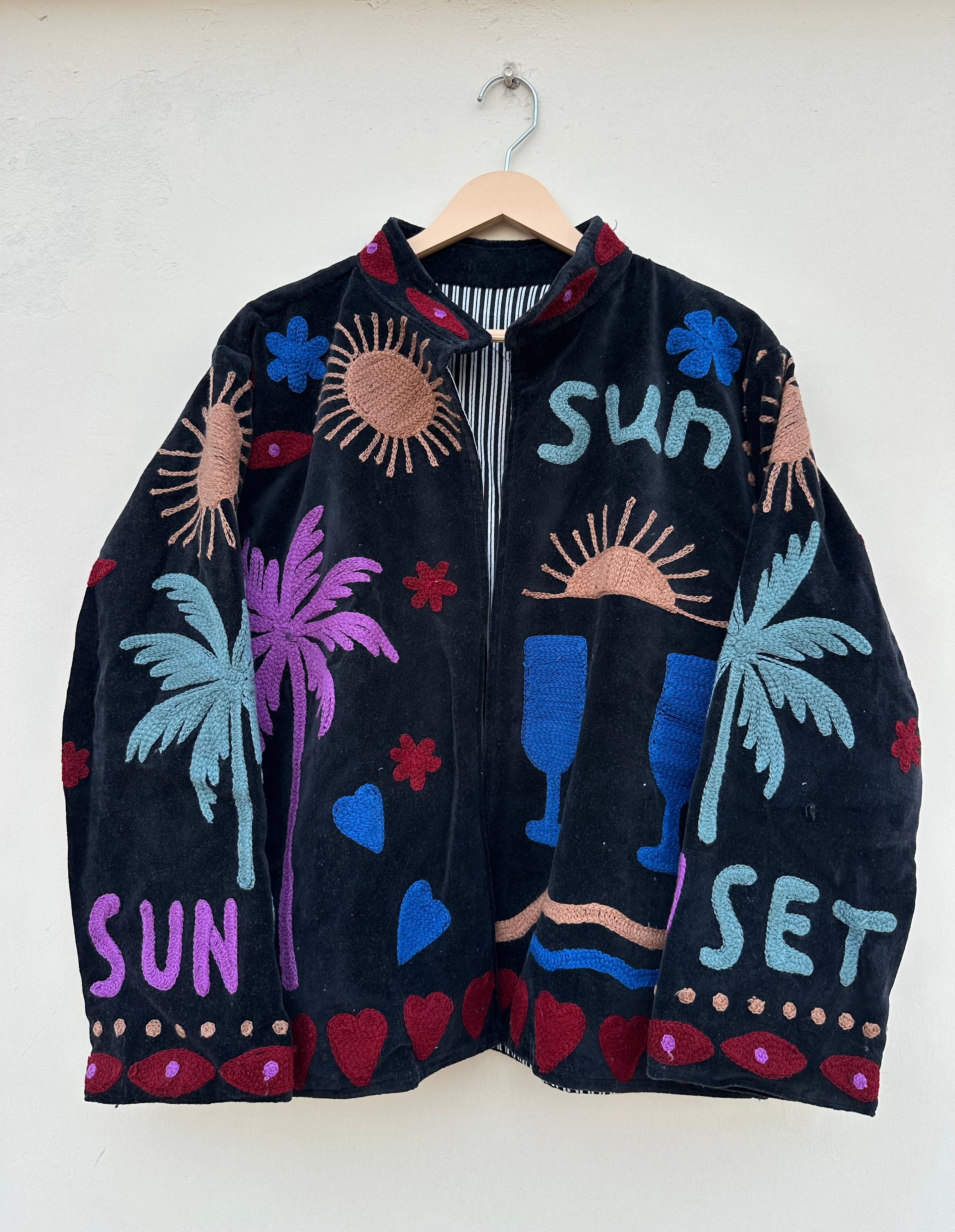 Tropical Sunset Embroidered Black Velvet Jacket