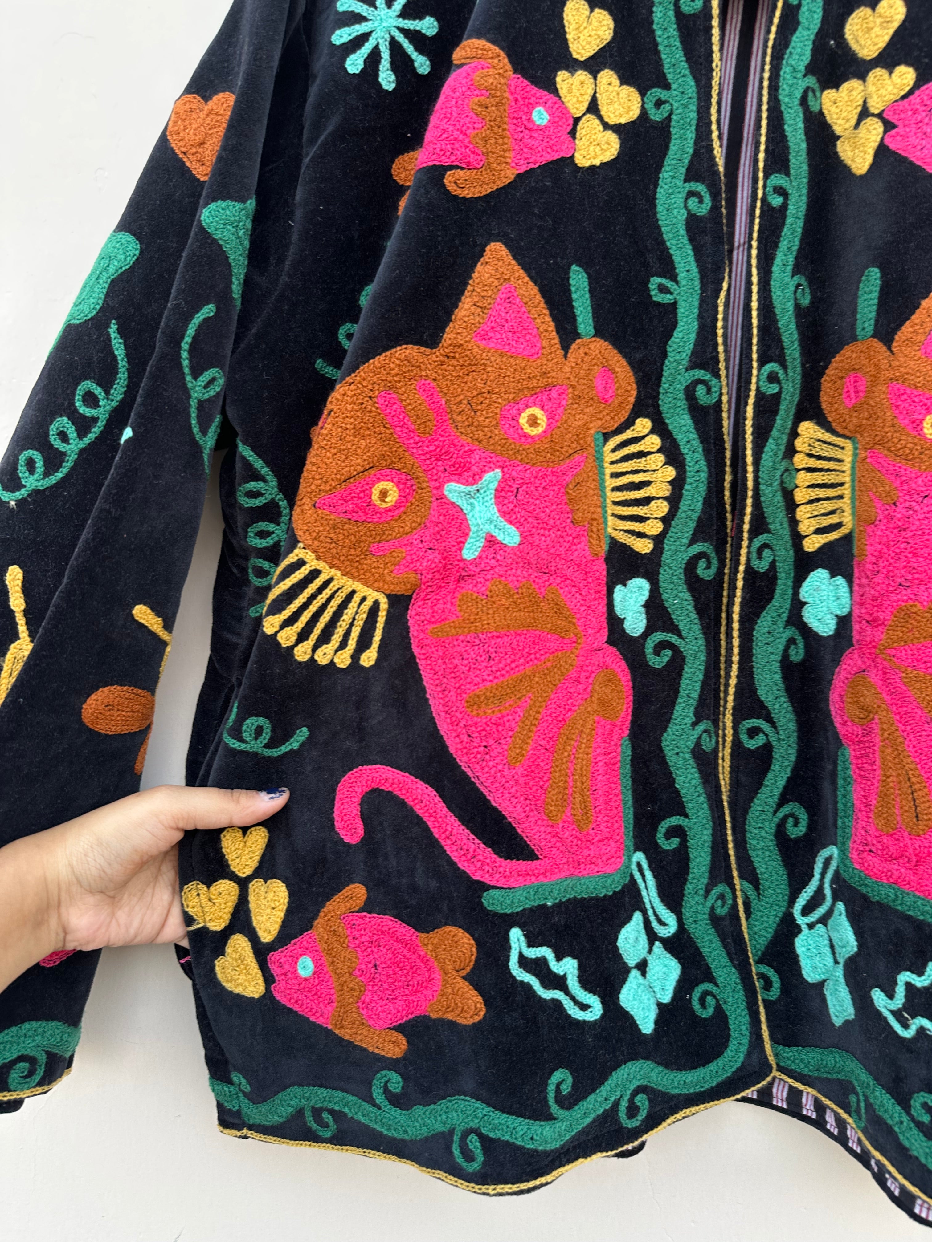 Meow Black Velvet Embroidered Jacket